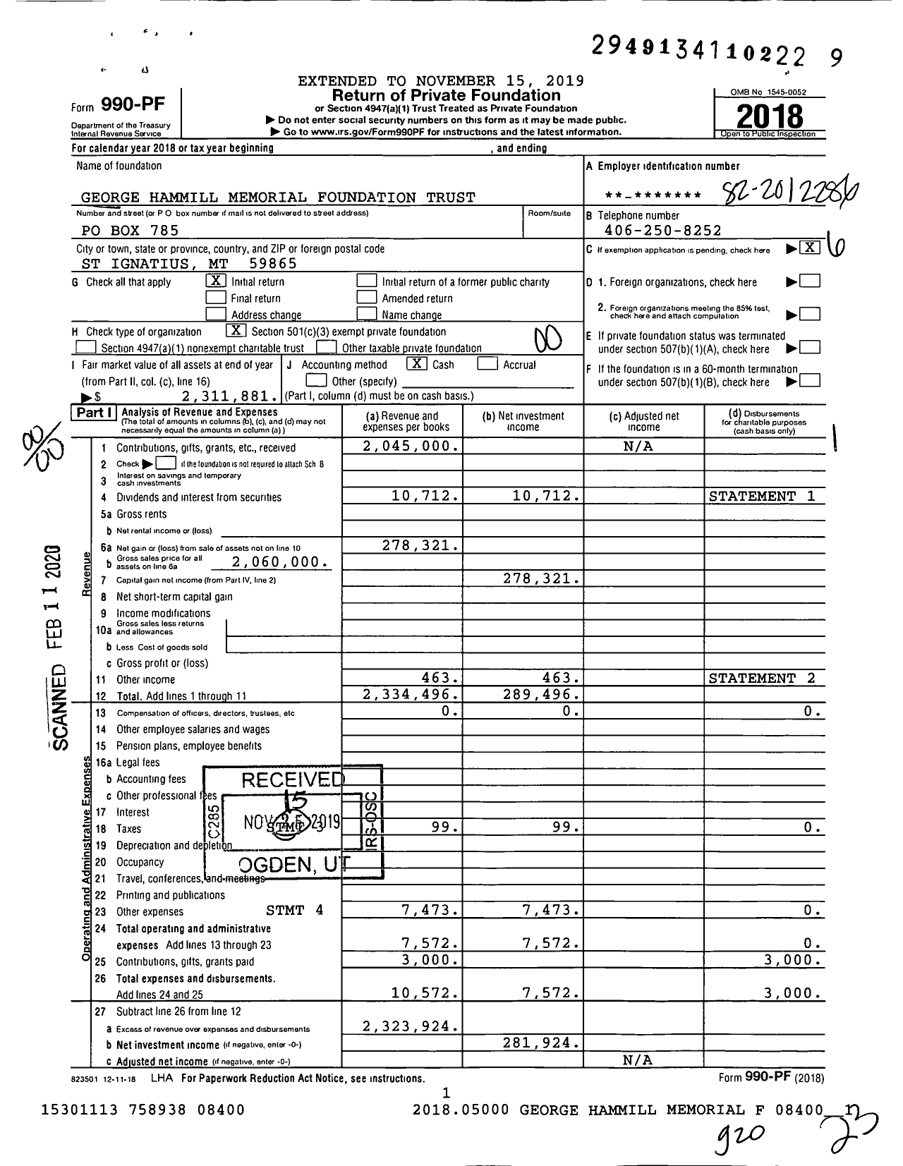 Image of first page of 2018 Form 990PF for George Hammill Memorial Foundation Trust