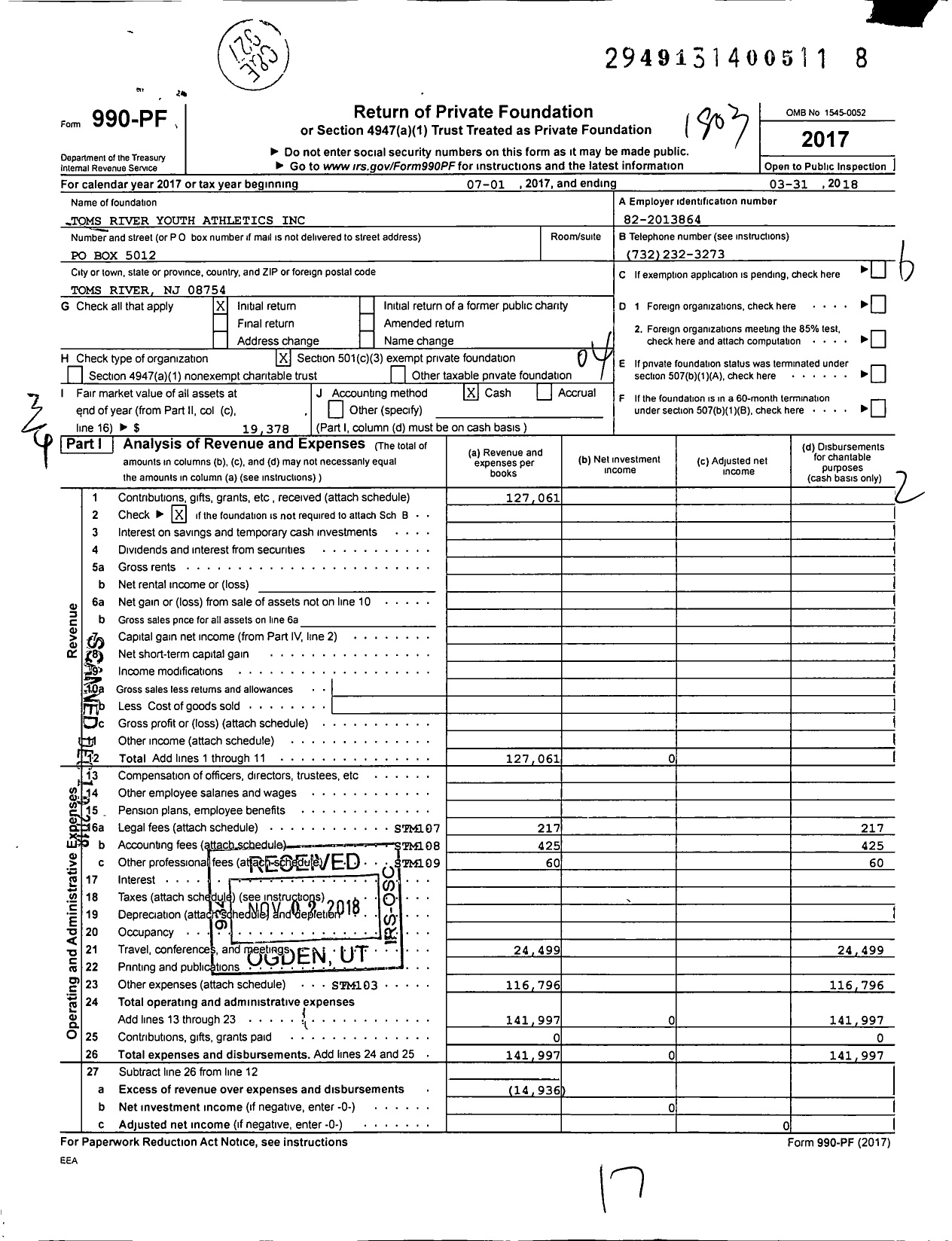 Image of first page of 2017 Form 990PF for Toms River Youth Athletics