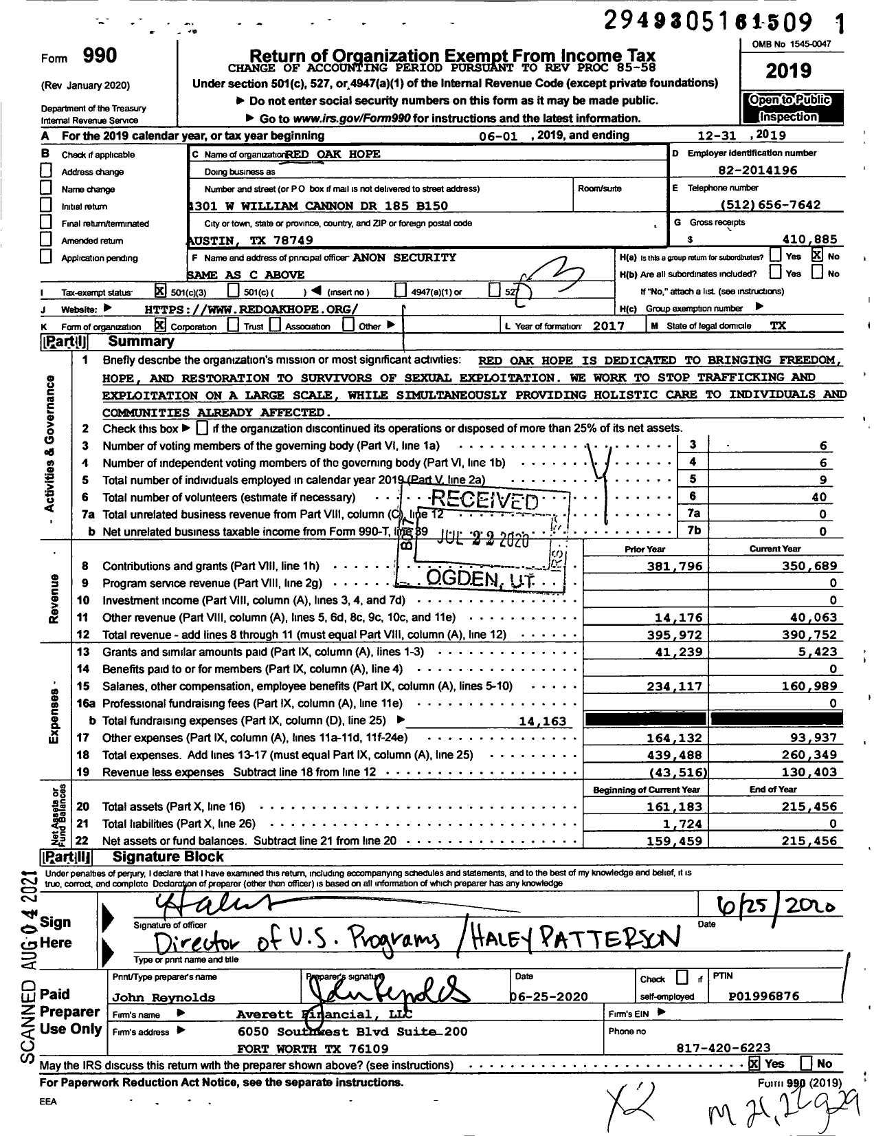 Image of first page of 2019 Form 990 for Red Oak Hope