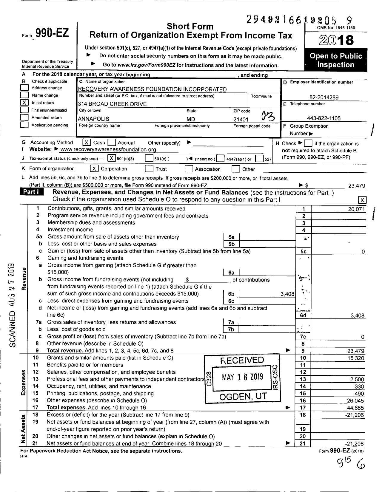 Image of first page of 2018 Form 990EZ for Recovery Awareness Foundation Incorporated