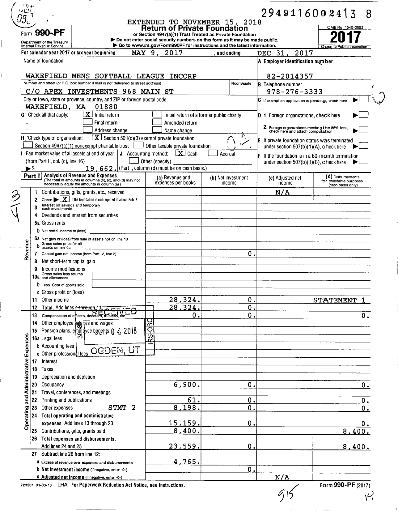 Image of first page of 2017 Form 990PF for Wakefield Mens Softball League Incorp