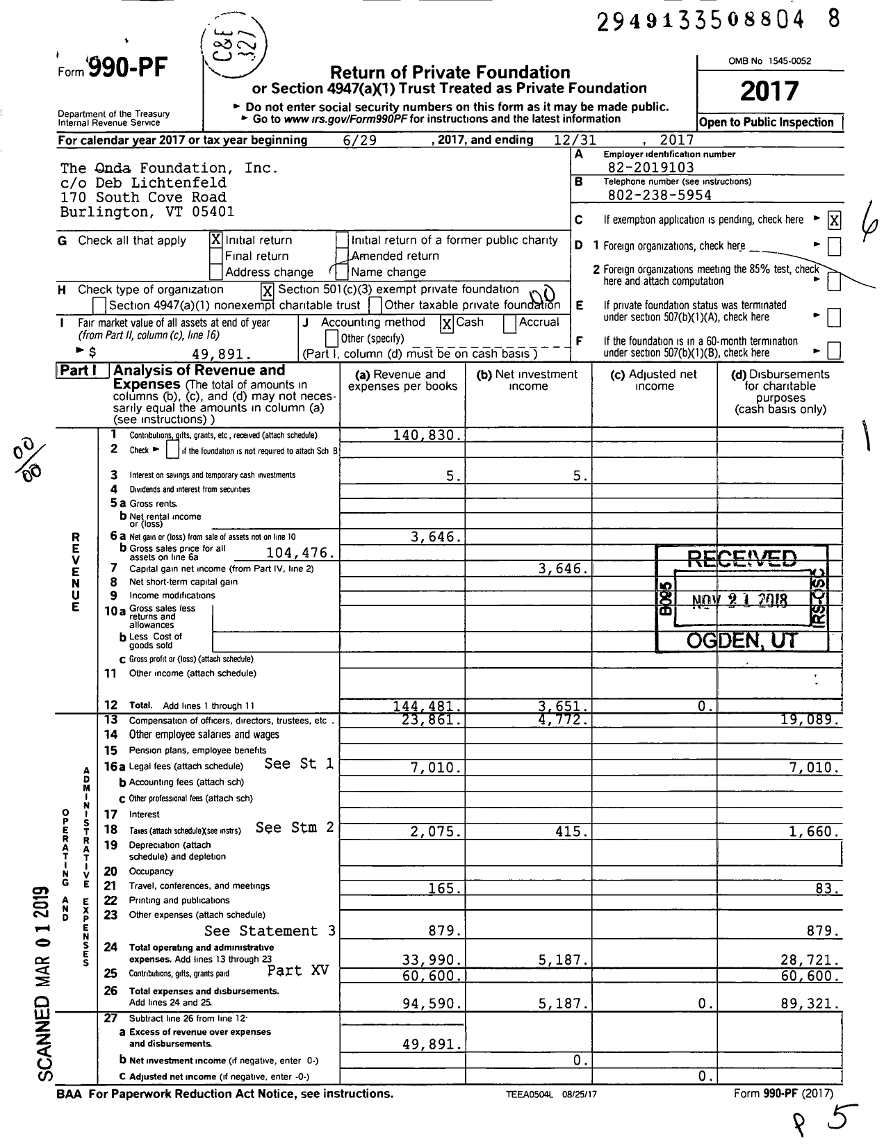 Image of first page of 2017 Form 990PF for The Onda Foundation