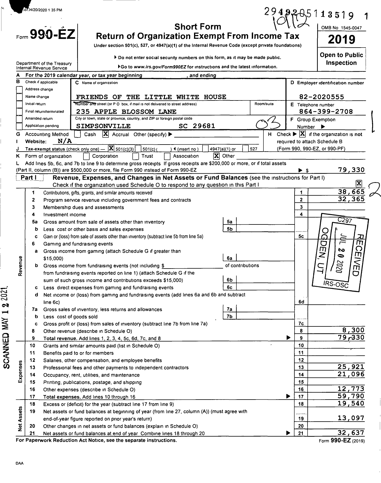 Image of first page of 2019 Form 990EZ for The Friends of the Little White House