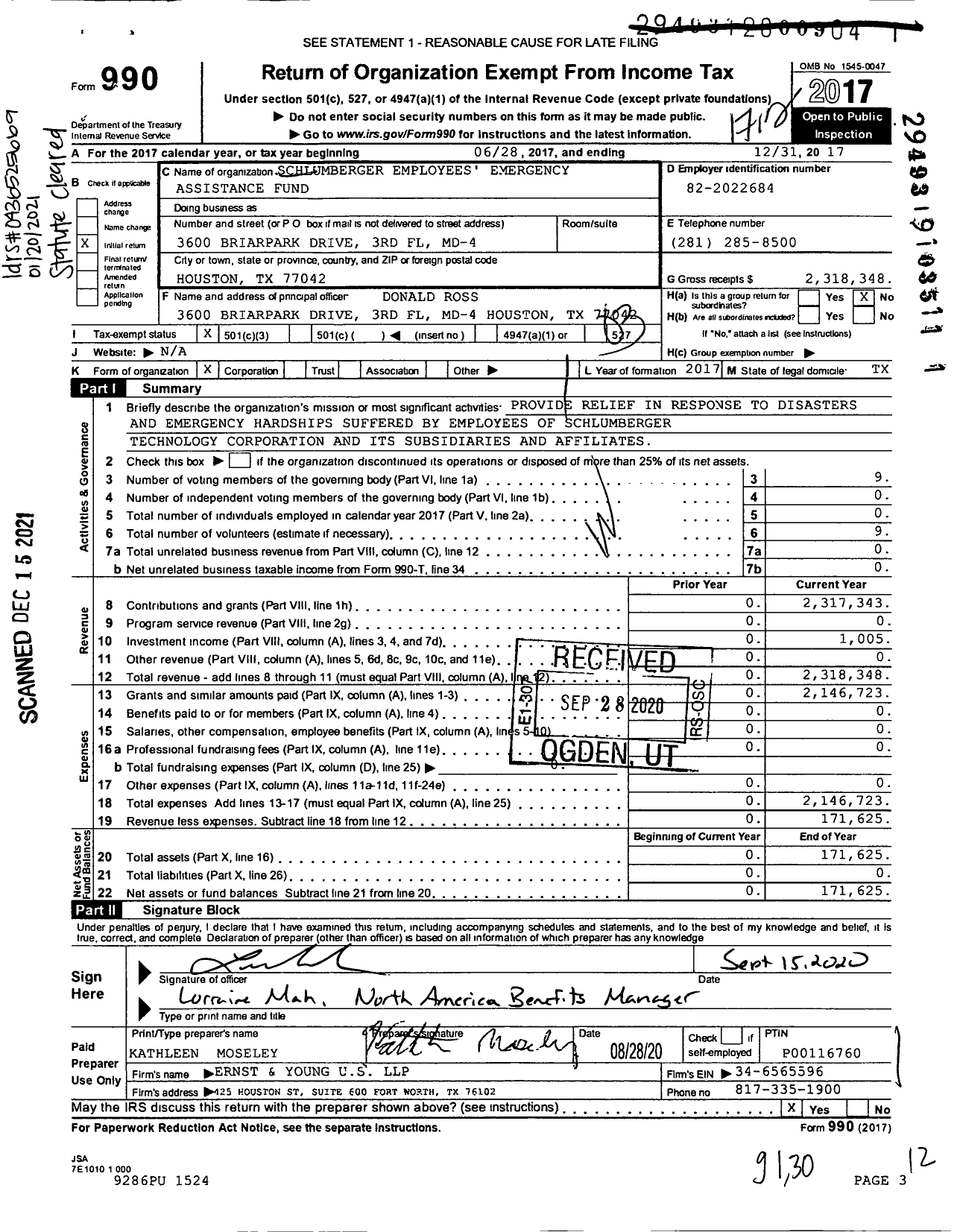 Image of first page of 2017 Form 990 for Schlumberger Employees' Emergency ASSISTANCE Fund