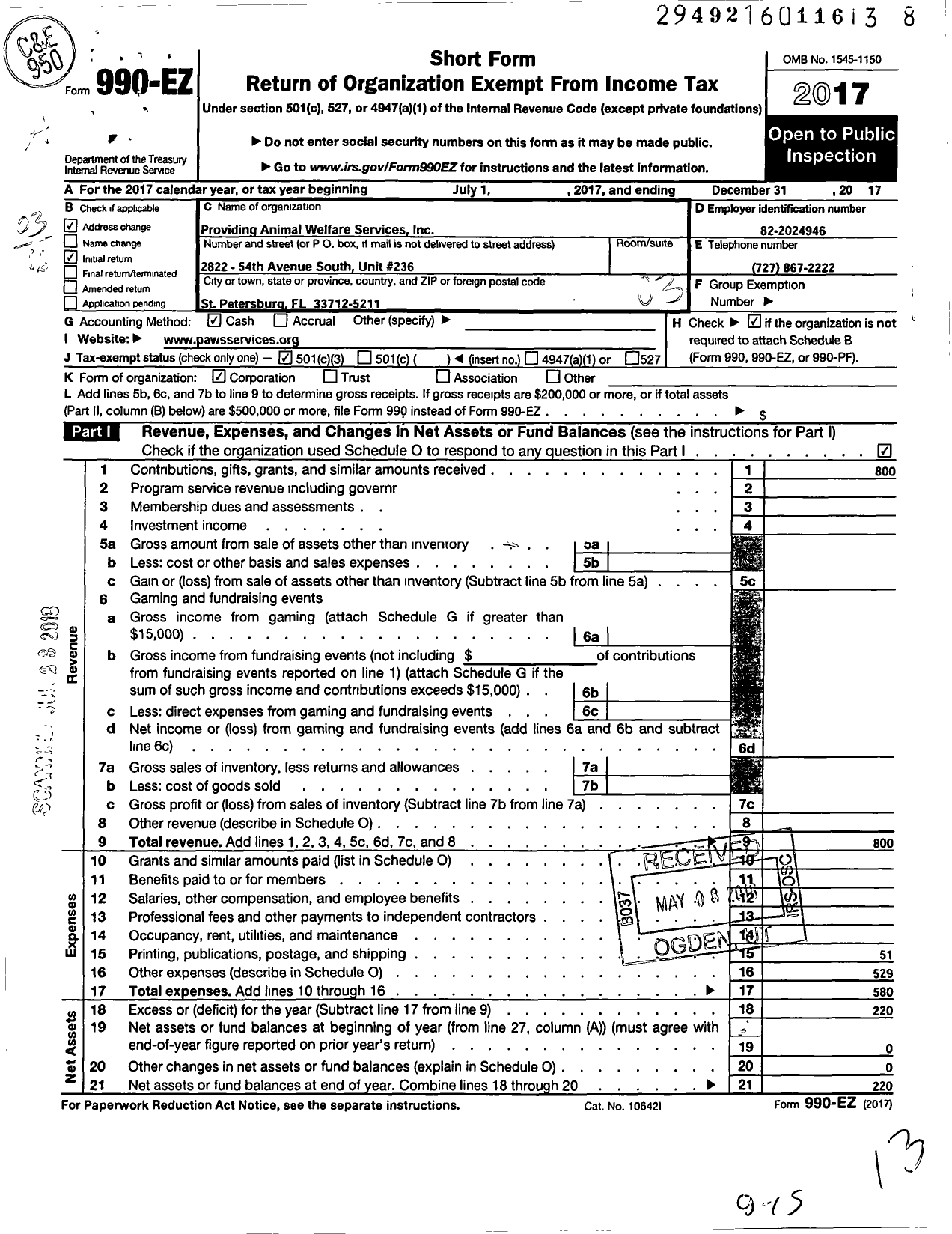 Image of first page of 2017 Form 990EZ for Providing Animal Welfare Services