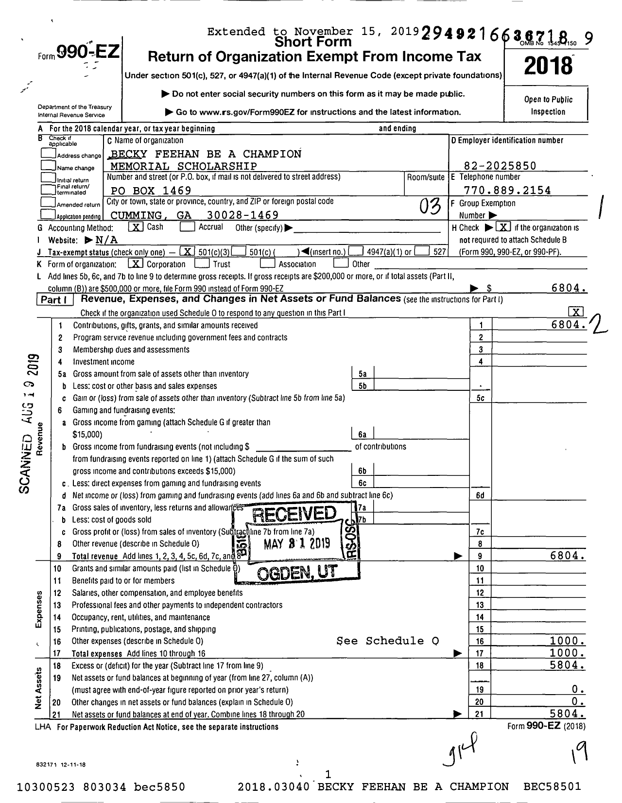 Image of first page of 2018 Form 990EZ for Becky Feehan Be A Champion Memorial Scholarship