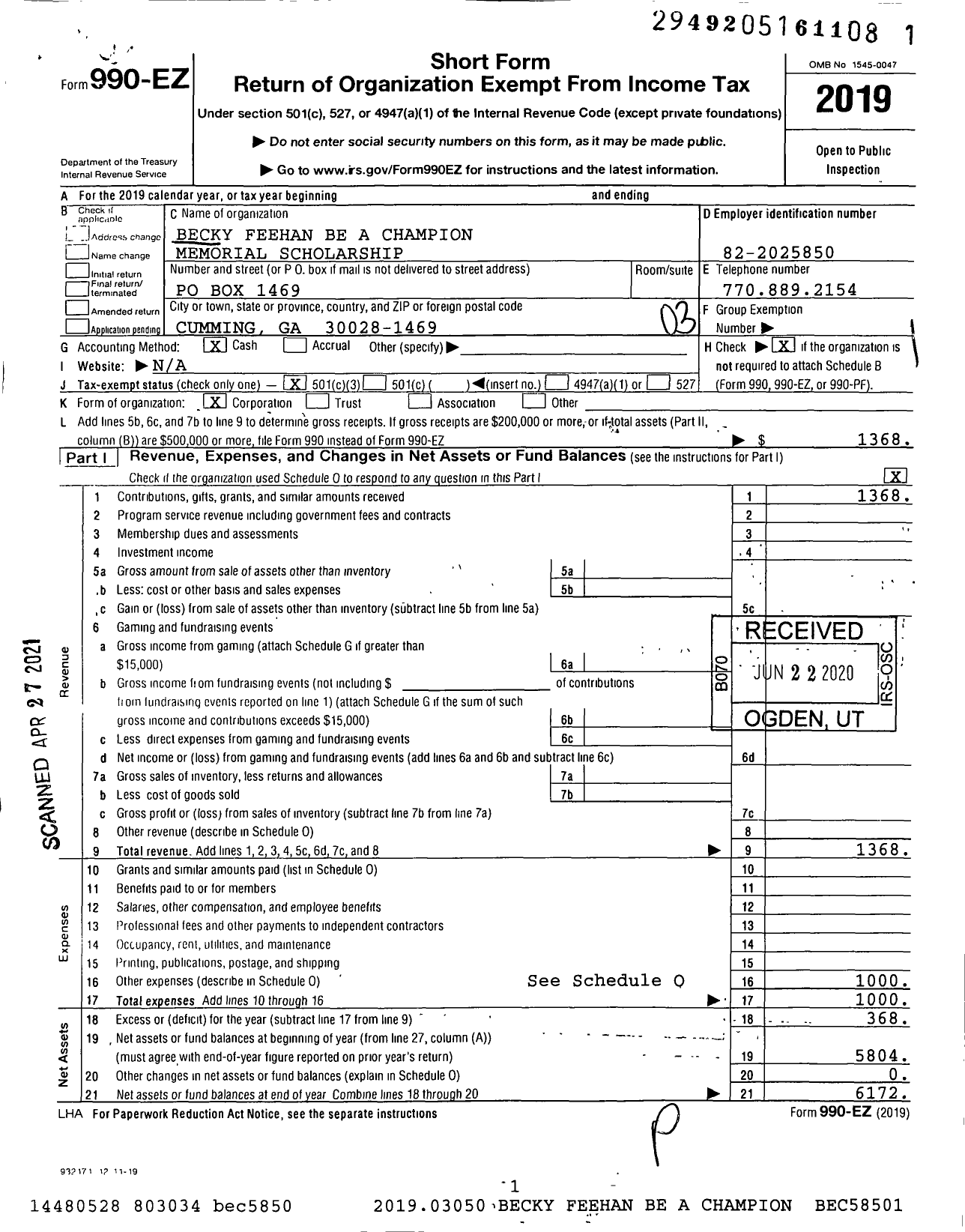 Image of first page of 2019 Form 990EZ for Becky Feehan Be A Champion Memorial Scholarship