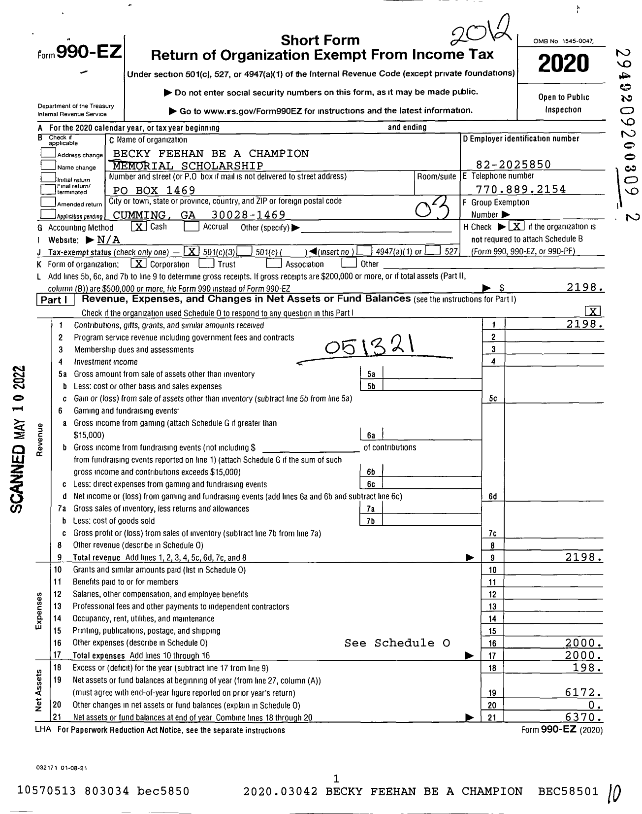 Image of first page of 2020 Form 990EZ for Becky Feehan Be A Champion Memorial Scholarship