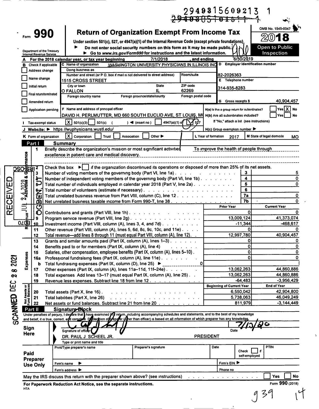 Image of first page of 2018 Form 990 for Washington University Physicians in Illinois