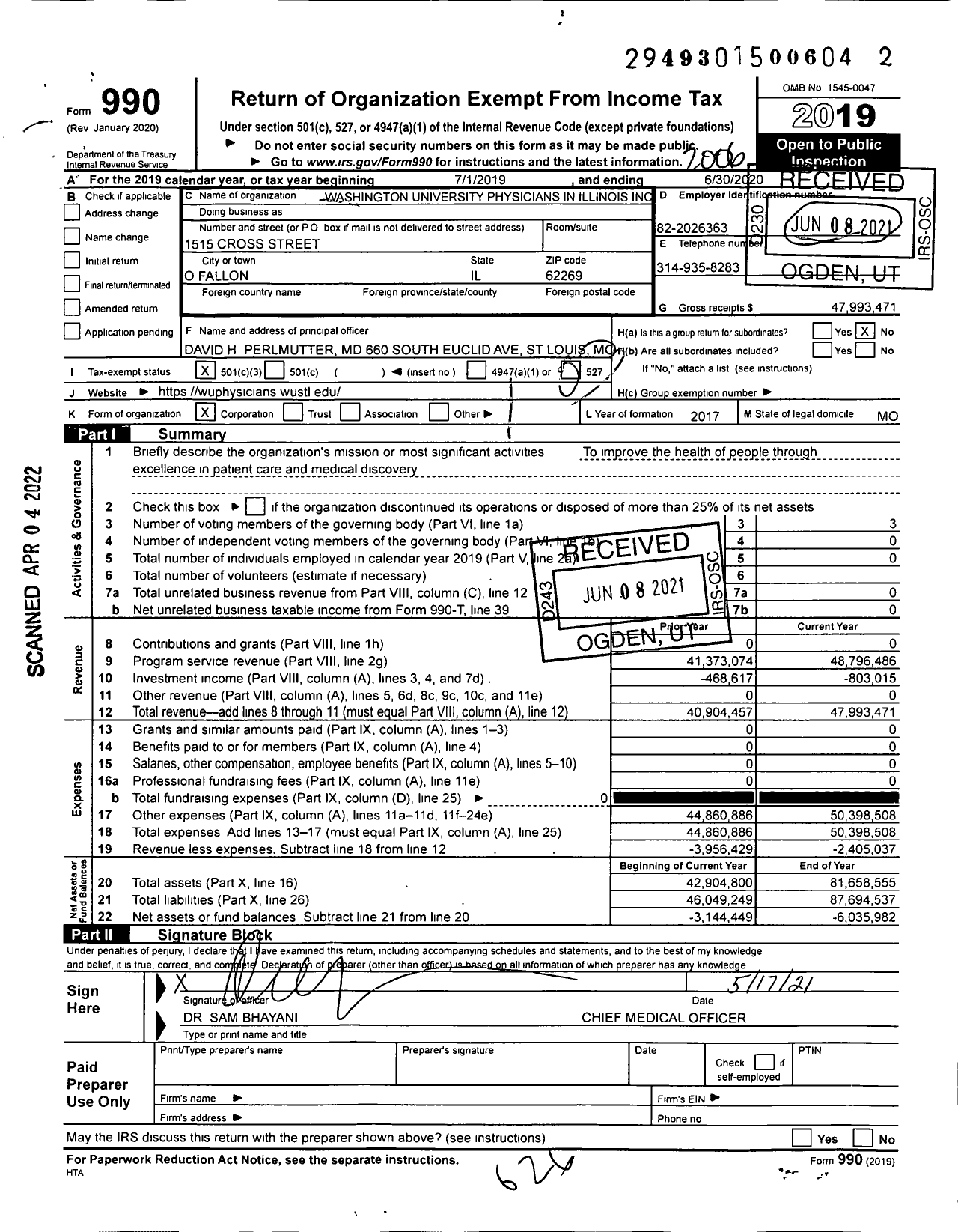 Image of first page of 2019 Form 990 for Washington University Physicians in Illinois