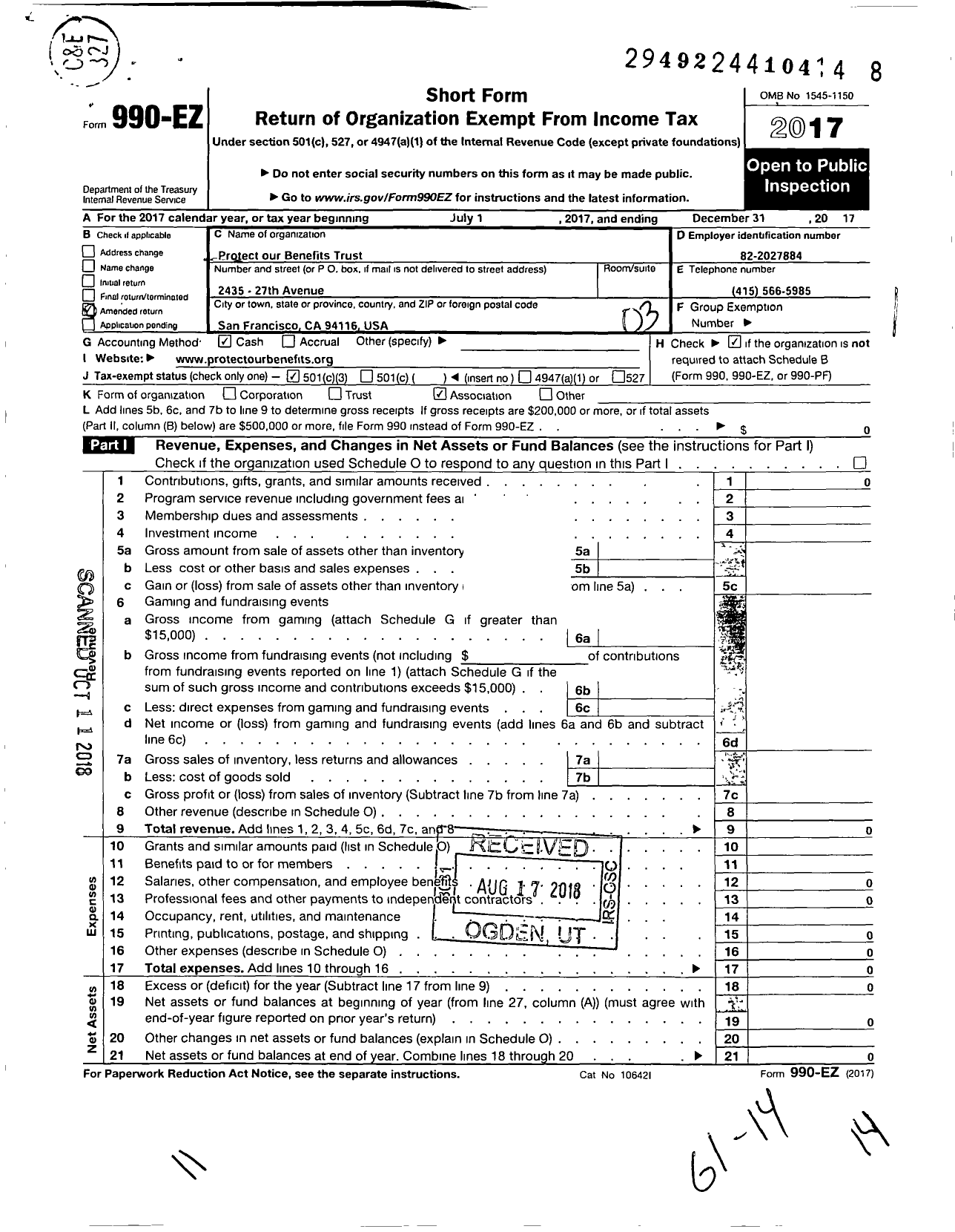 Image of first page of 2017 Form 990EZ for Protect Our Benefits Trust