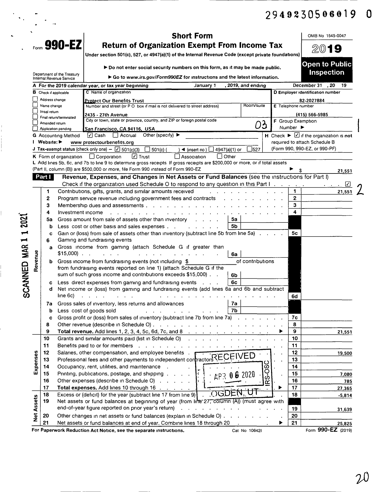 Image of first page of 2019 Form 990EZ for Protect Our Benefits Trust