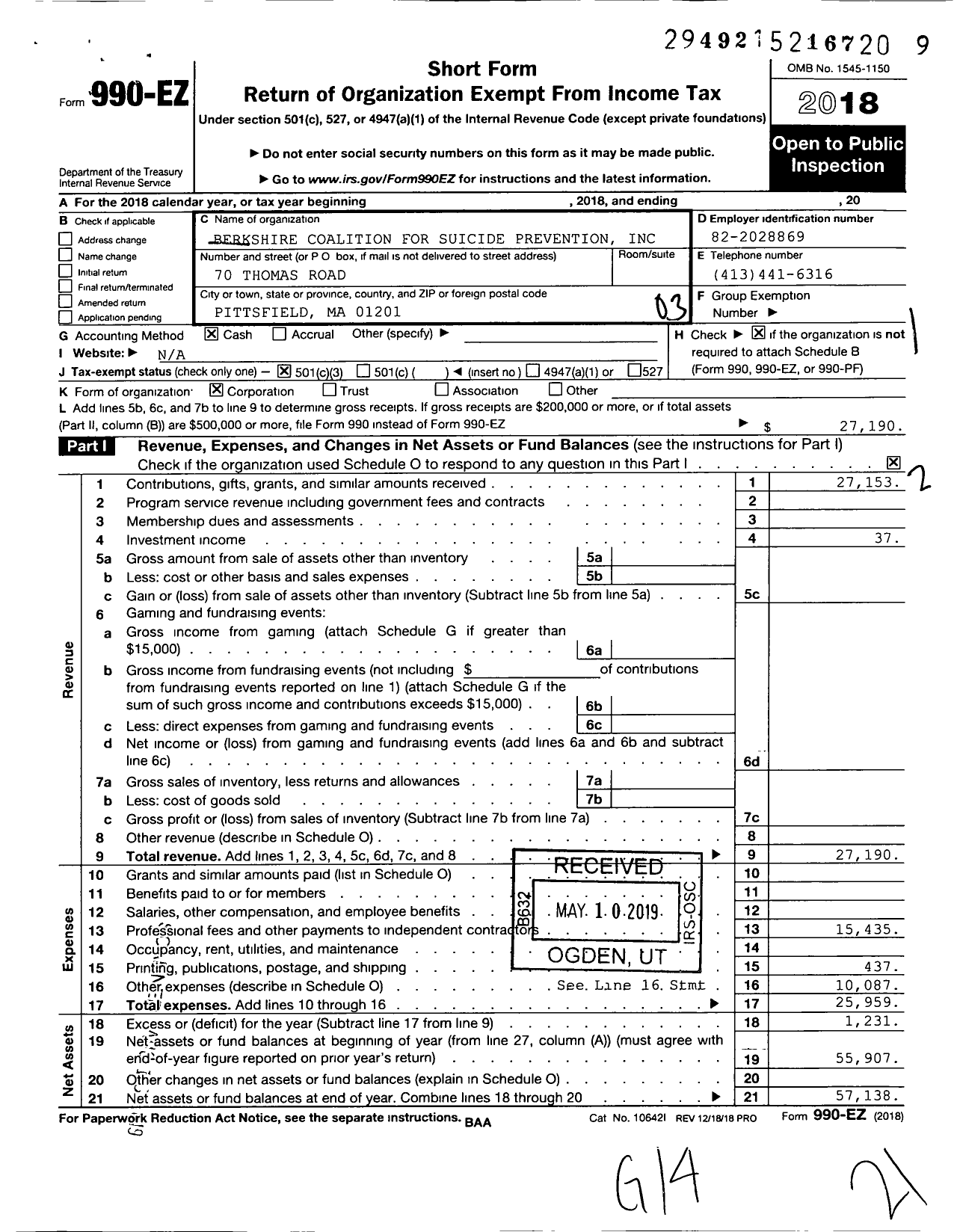 Image of first page of 2018 Form 990EZ for Berkshire Coalition for Suicide Prevention