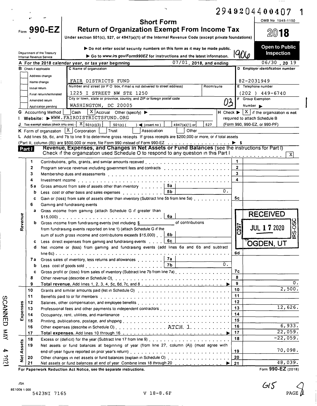 Image of first page of 2018 Form 990EZ for Fair Districts Fund