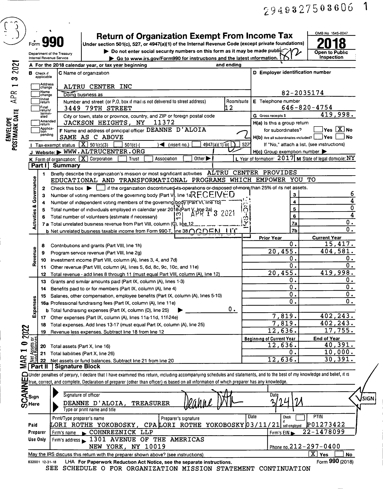 Image of first page of 2018 Form 990 for Altru Center