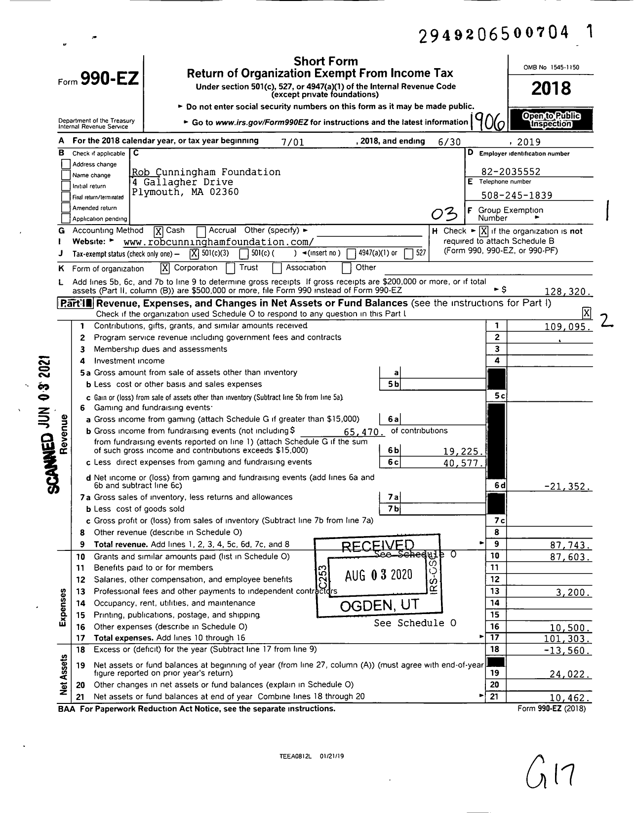 Image of first page of 2018 Form 990EZ for Rob Cunningham Foundation