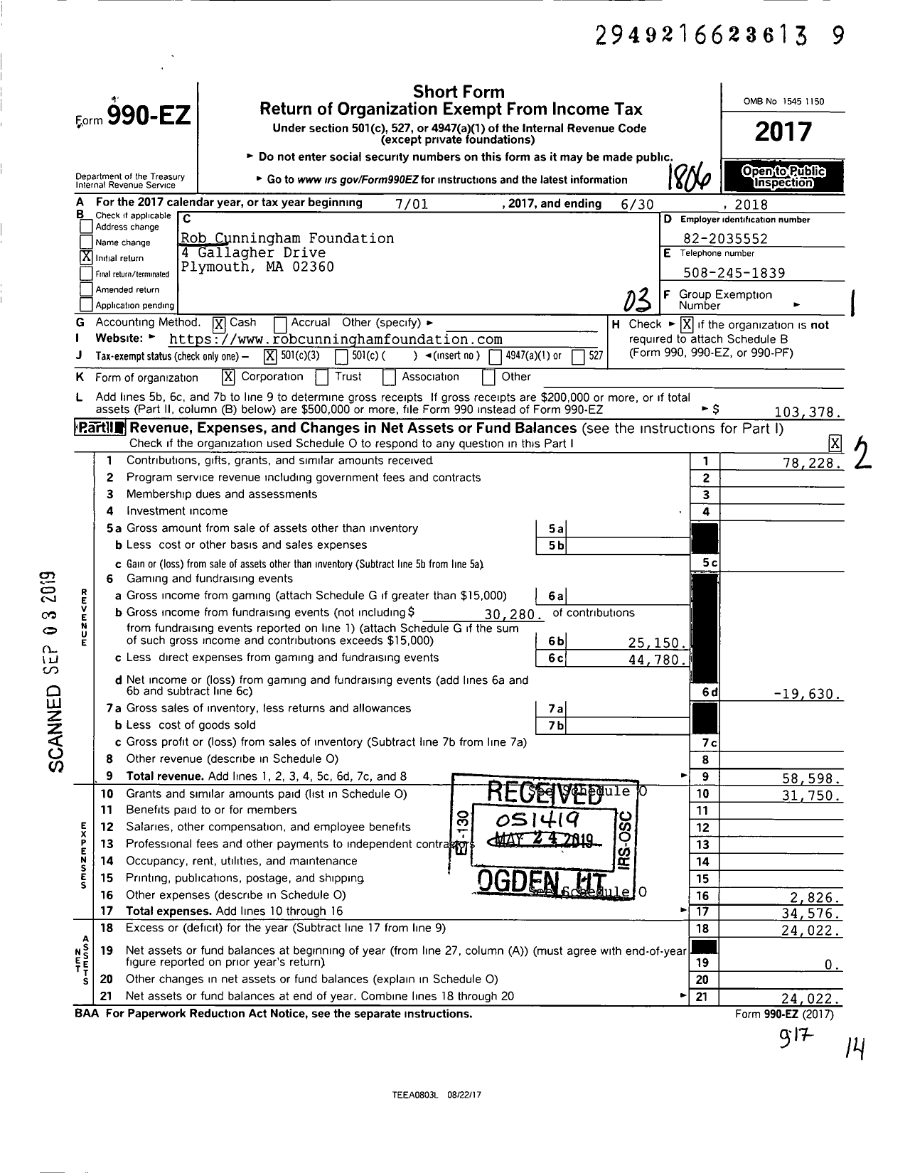 Image of first page of 2017 Form 990EZ for Rob Cunningham Foundation