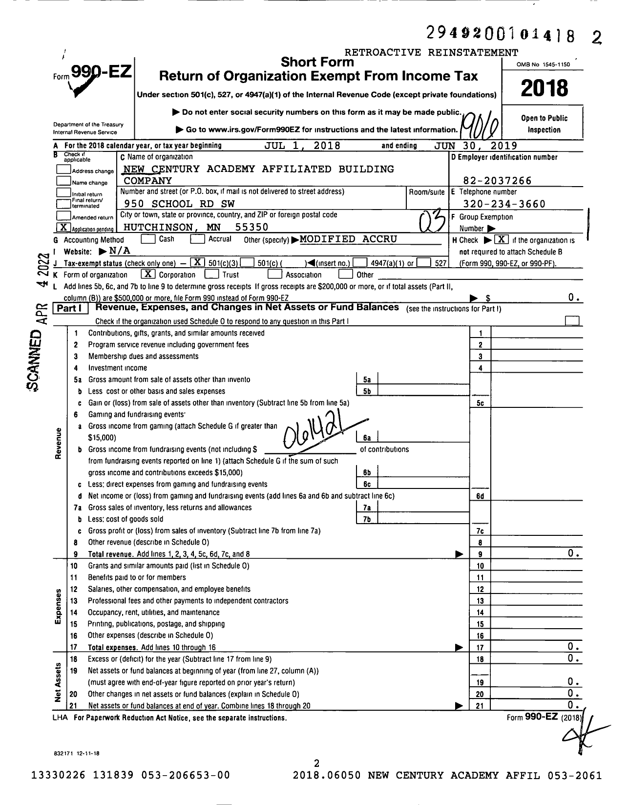 Image of first page of 2018 Form 990EZ for New Century Academy Affiliated Building Company