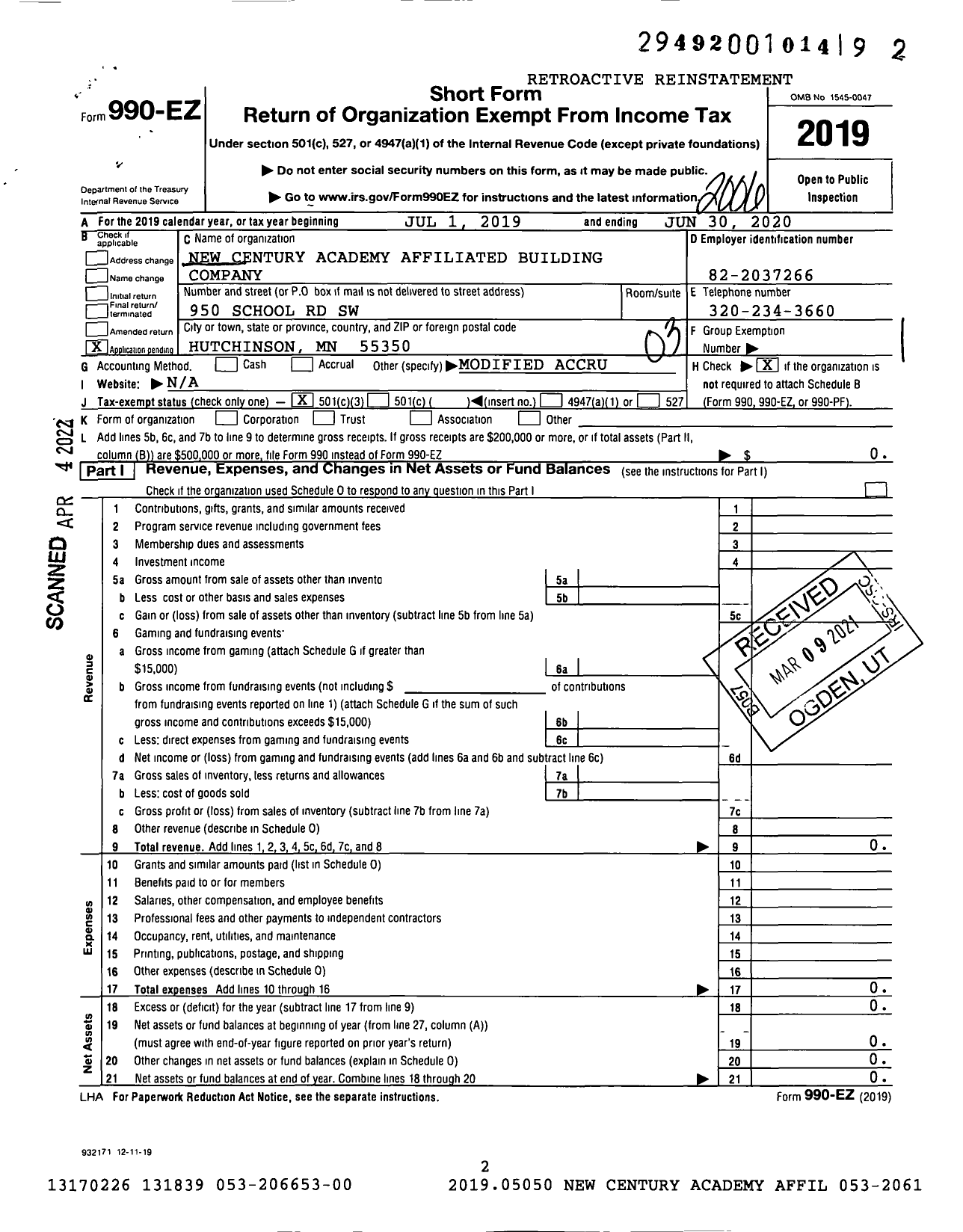 Image of first page of 2019 Form 990EZ for New Century Academy Affiliated Building Company