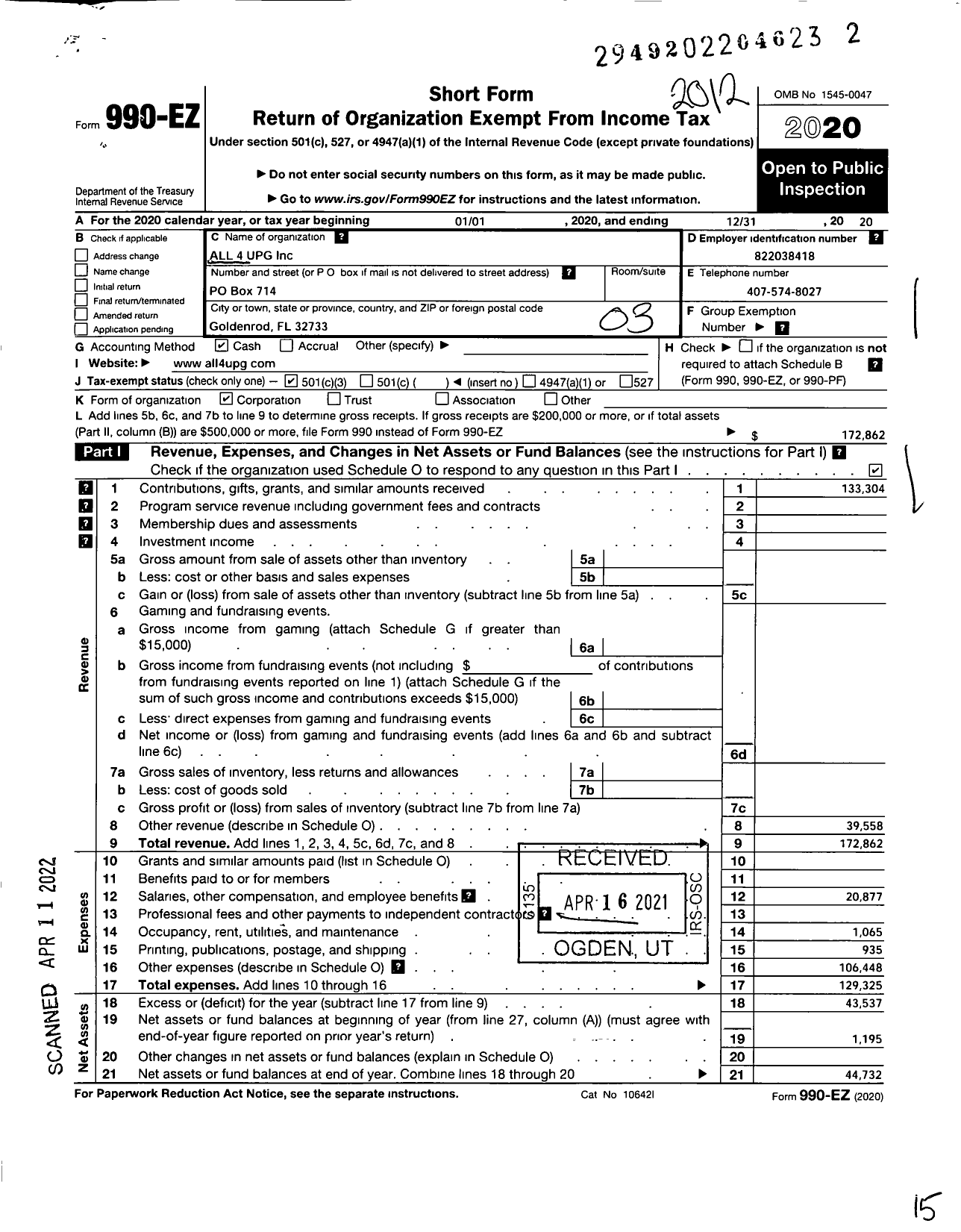 Image of first page of 2020 Form 990EZ for All 4 Upg