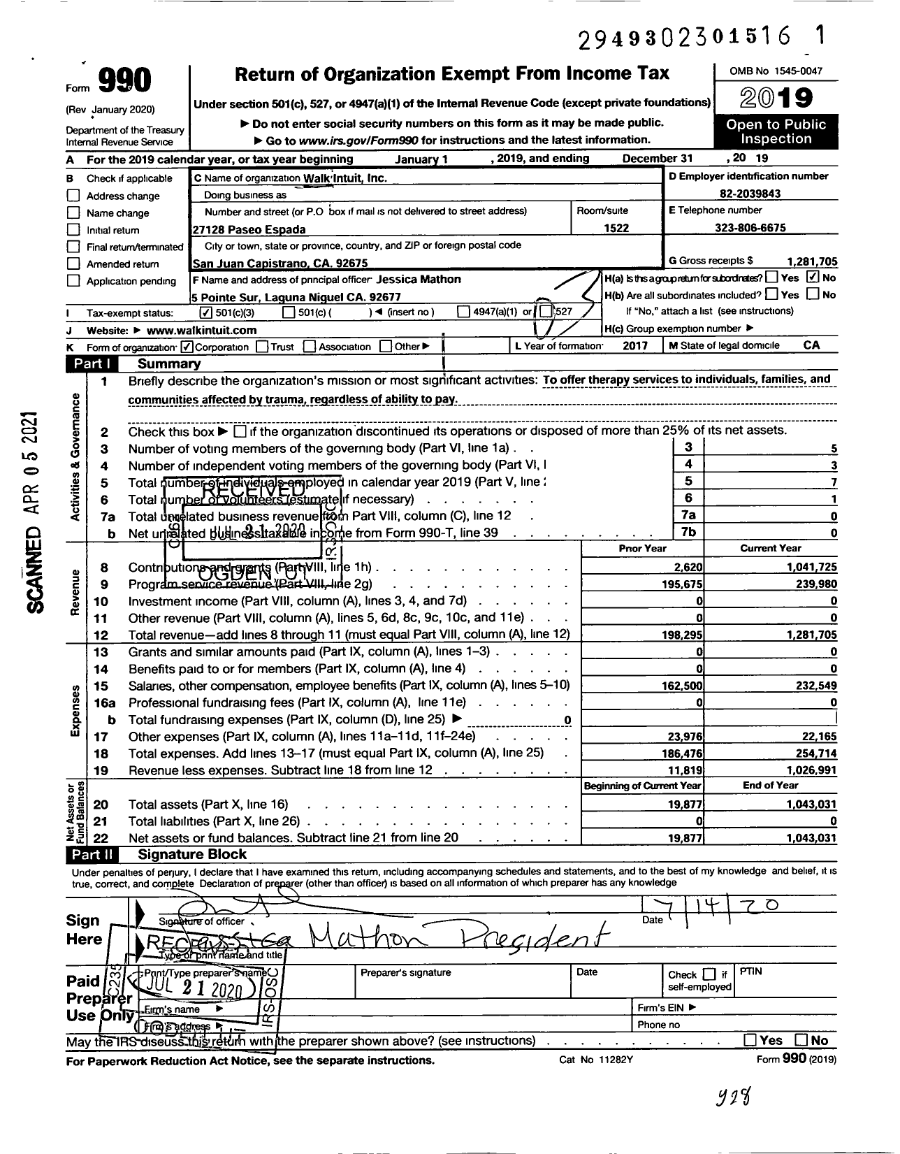 Image of first page of 2019 Form 990 for Walk Intuit