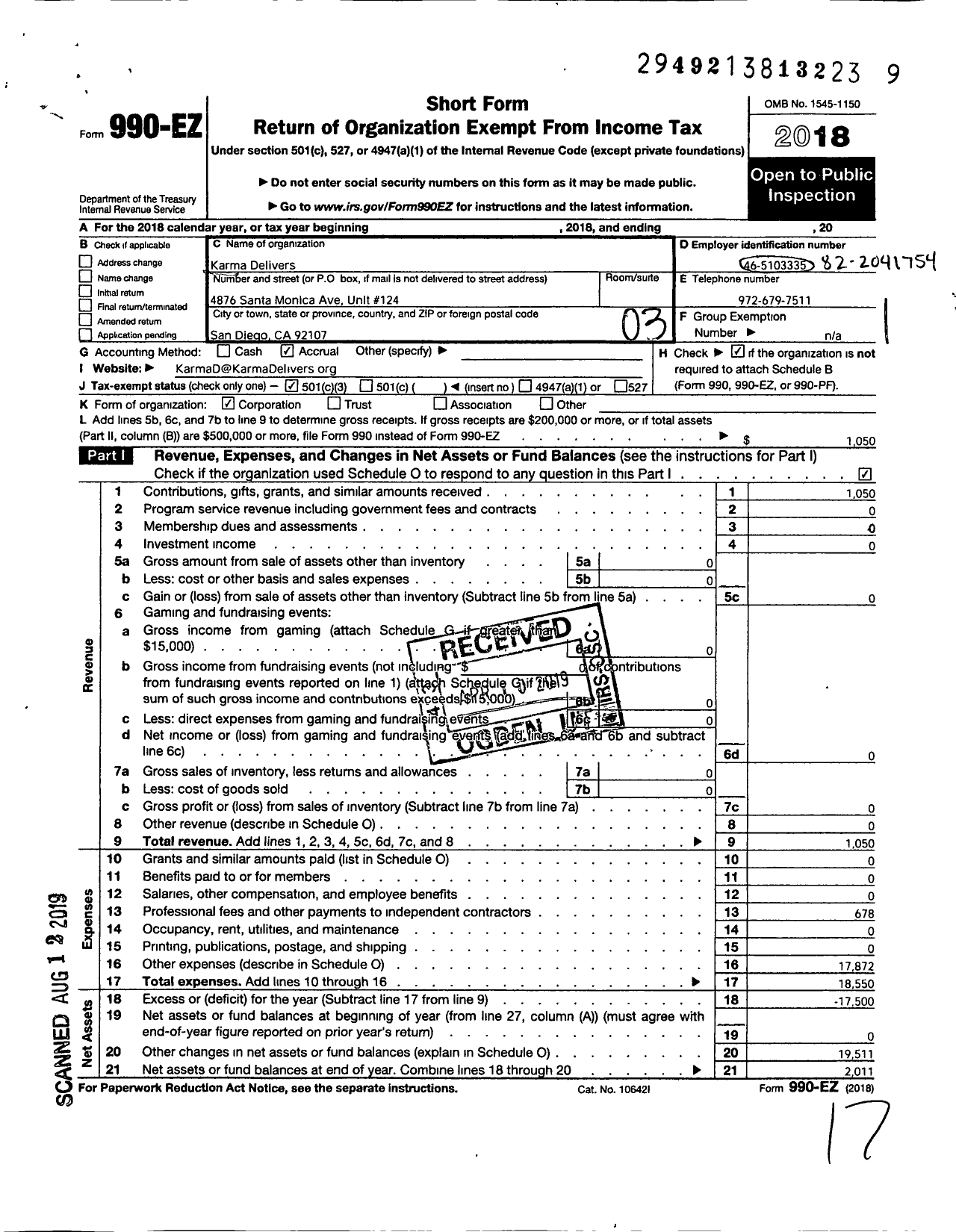 Image of first page of 2018 Form 990EZ for Karma Delivers