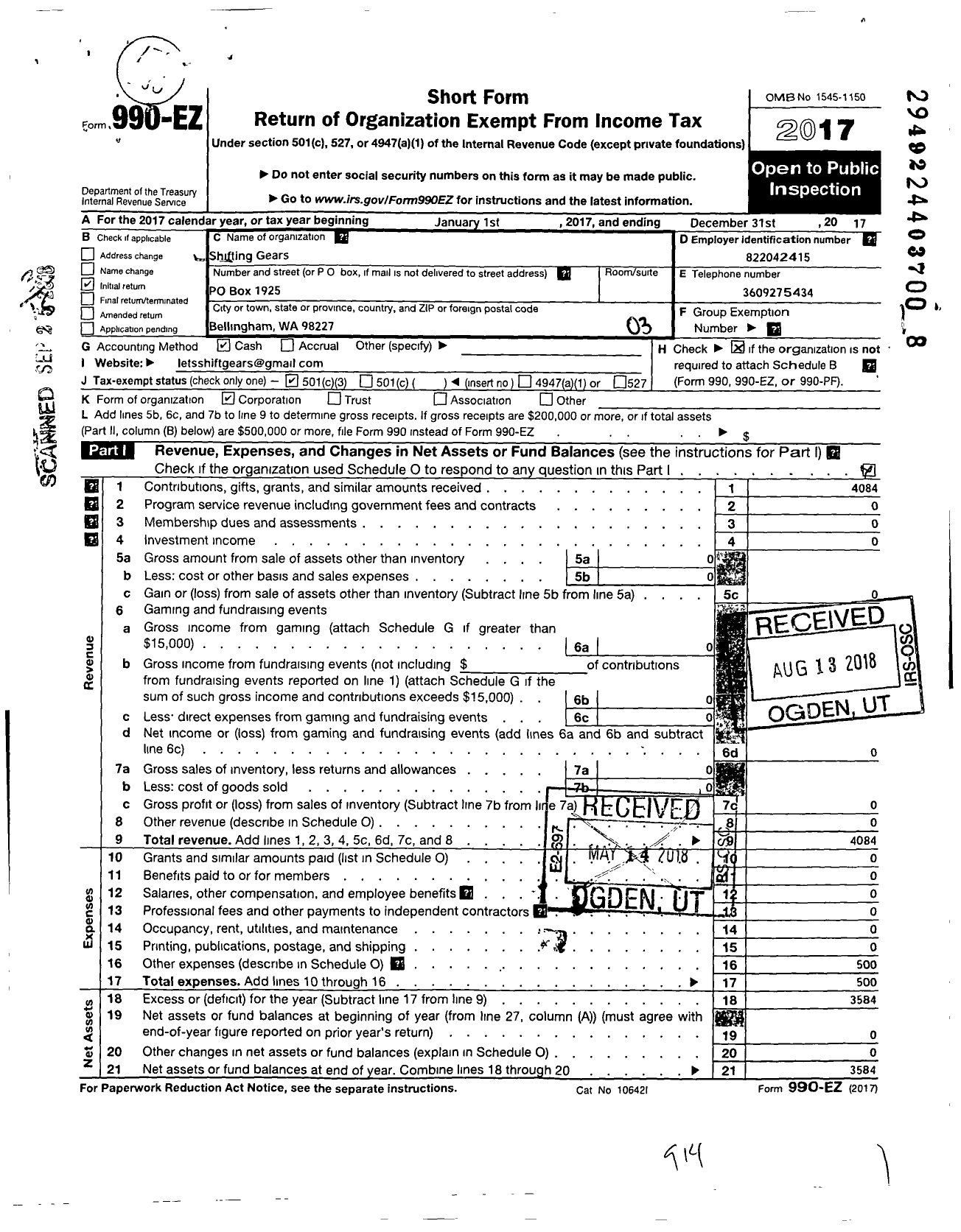 Image of first page of 2017 Form 990EZ for Shifting Gears