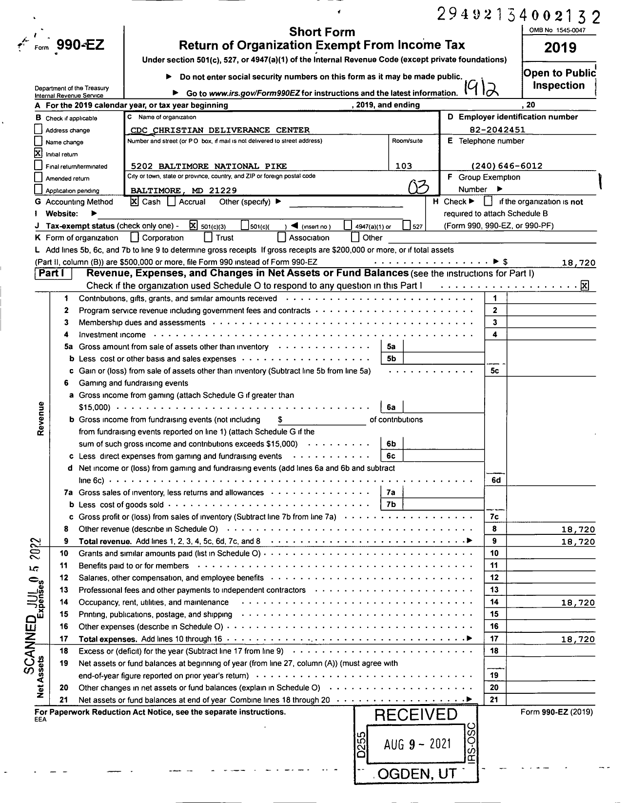 Image of first page of 2019 Form 990EZ for Christian Deliverance Center