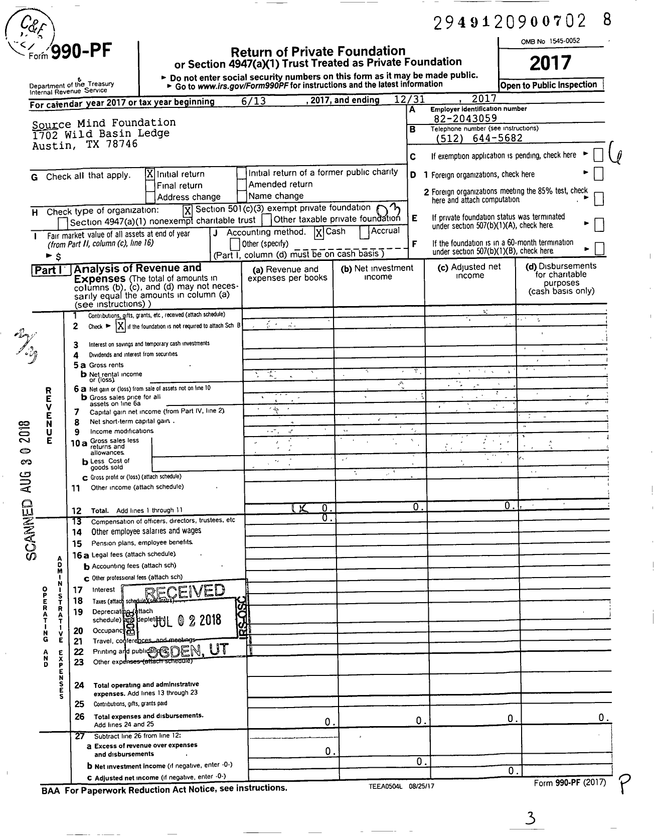 Image of first page of 2017 Form 990PF for Source Mind Foundation