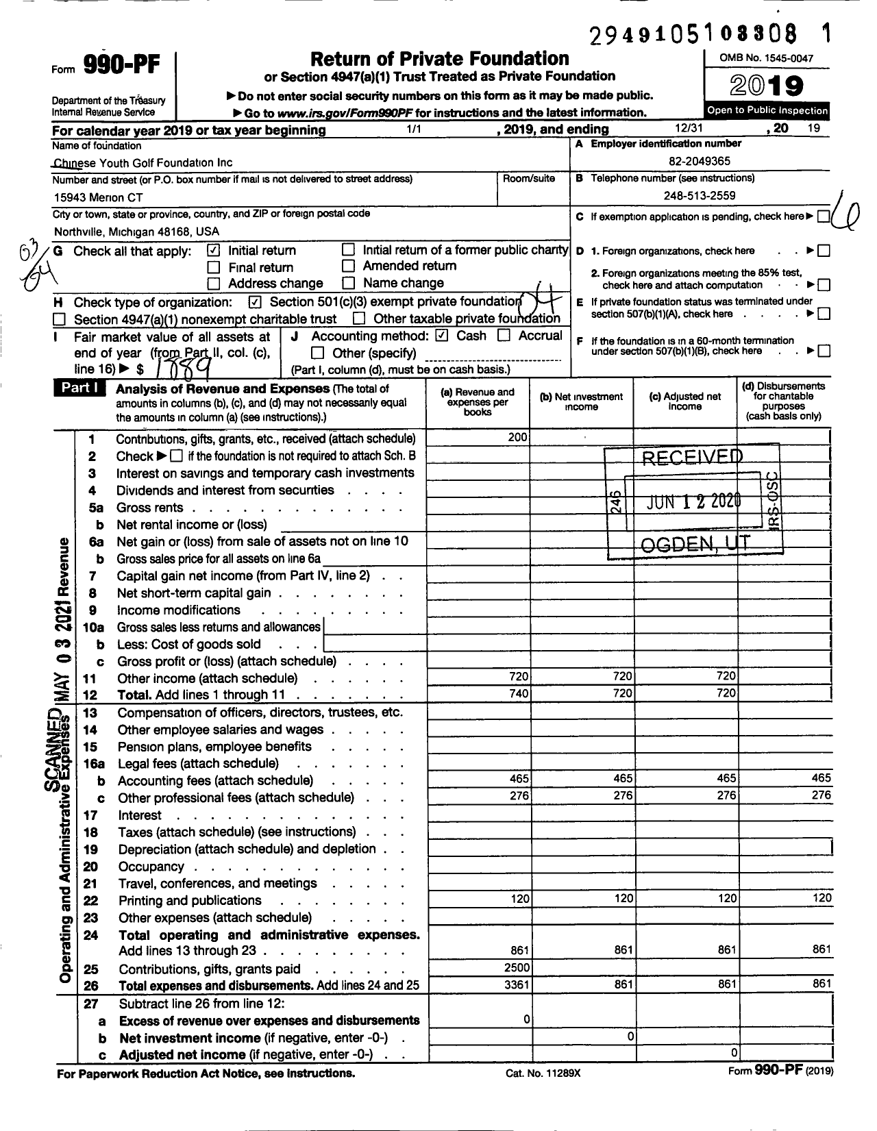 Image of first page of 2019 Form 990PF for Chinese Youth Golf Foundation