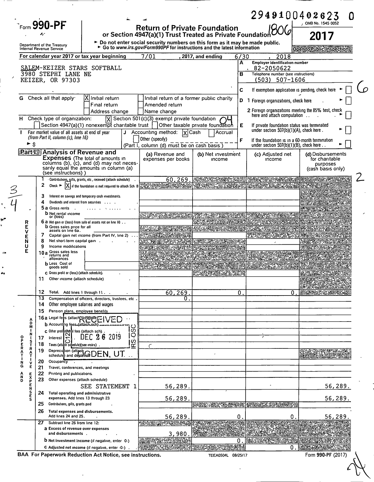 Image of first page of 2017 Form 990PR for Salem-Keizer Stars Softball