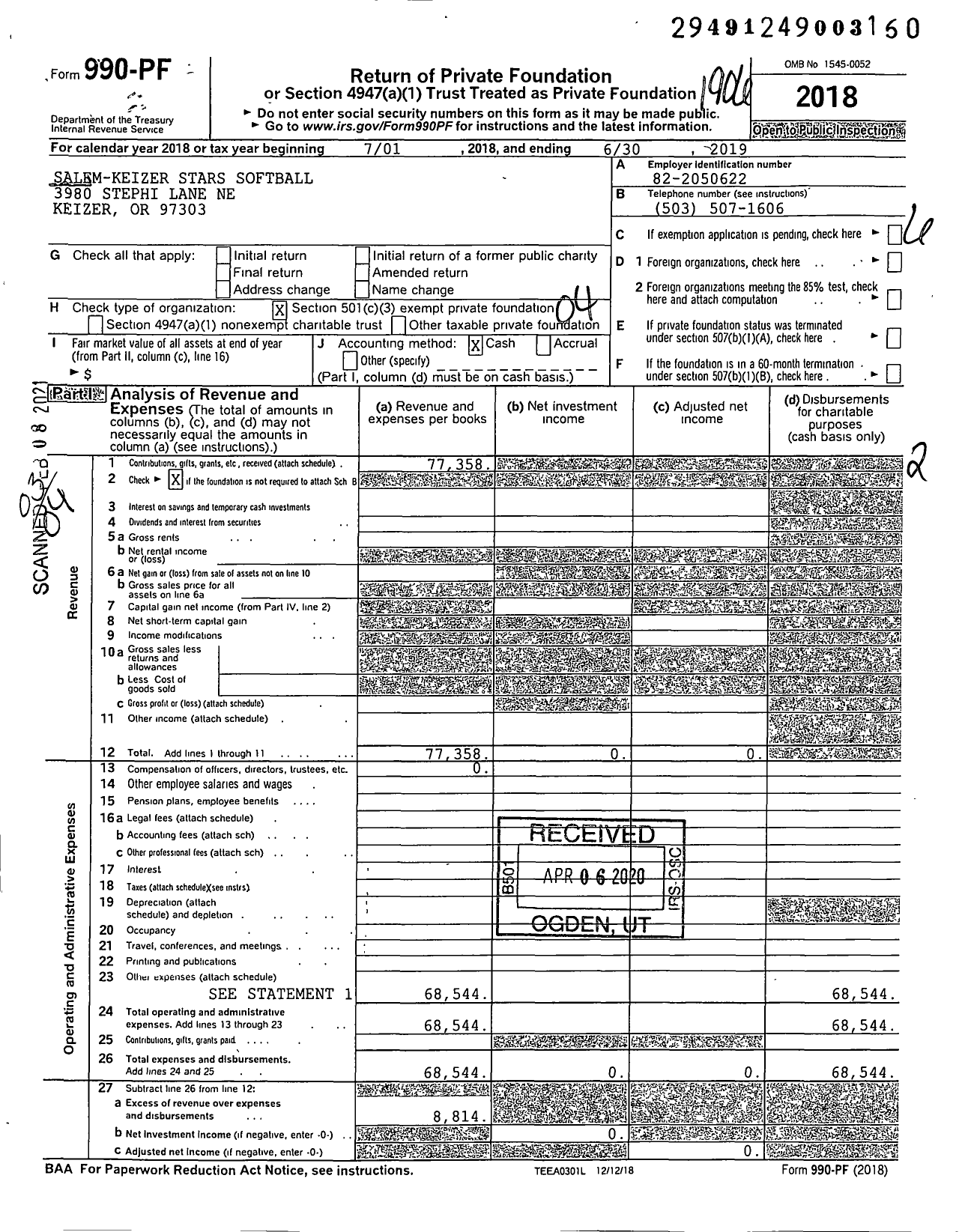 Image of first page of 2018 Form 990PF for Salem-Keizer Stars Softball