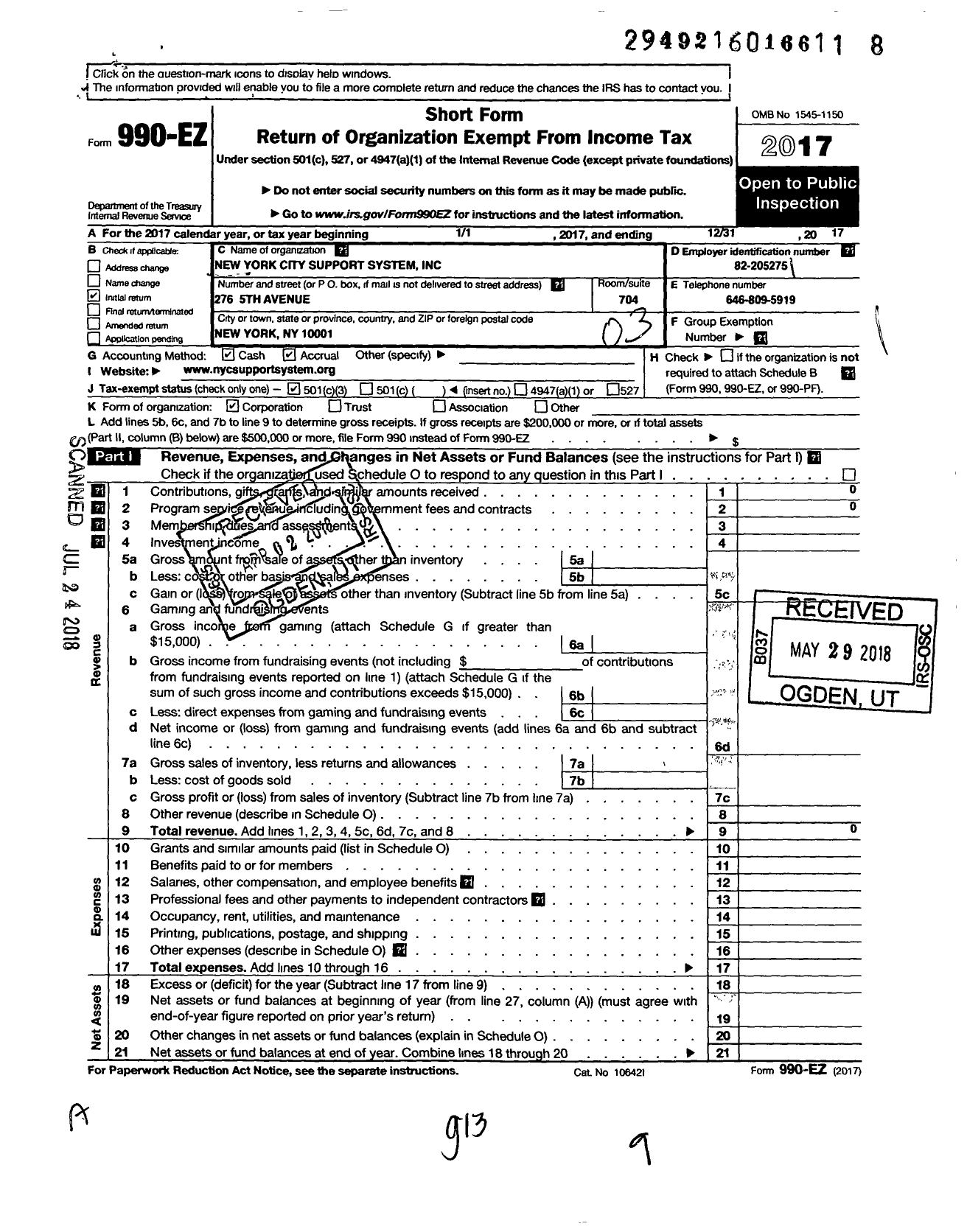 Image of first page of 2017 Form 990EZ for New York City Support System