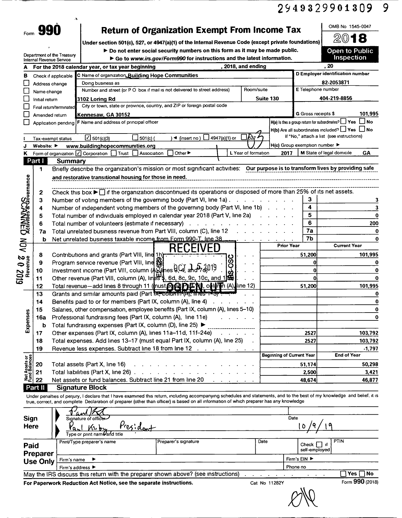 Image of first page of 2018 Form 990 for Building Hope Communities