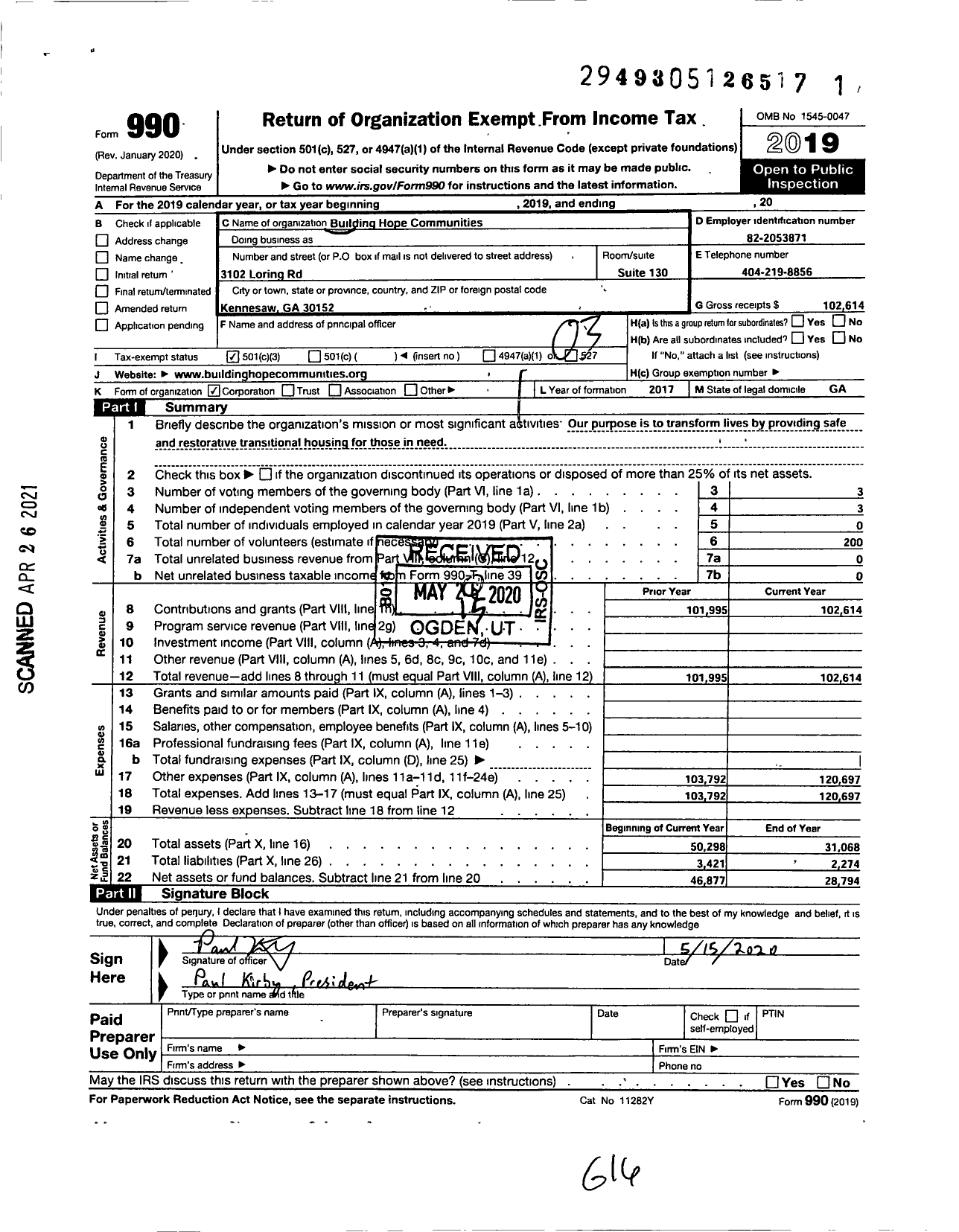 Image of first page of 2019 Form 990 for Building Hope Communities