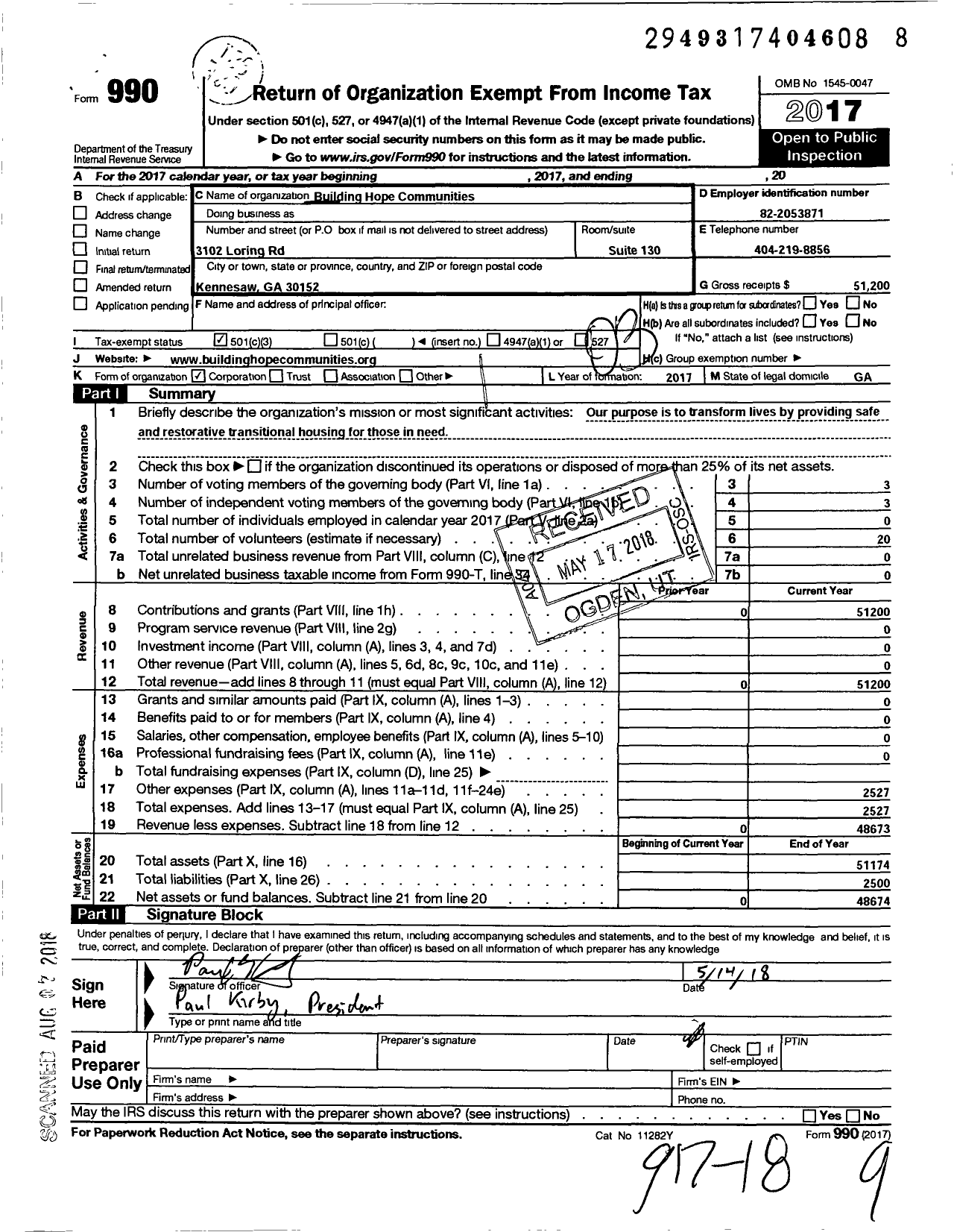 Image of first page of 2017 Form 990 for Building Hope Communities