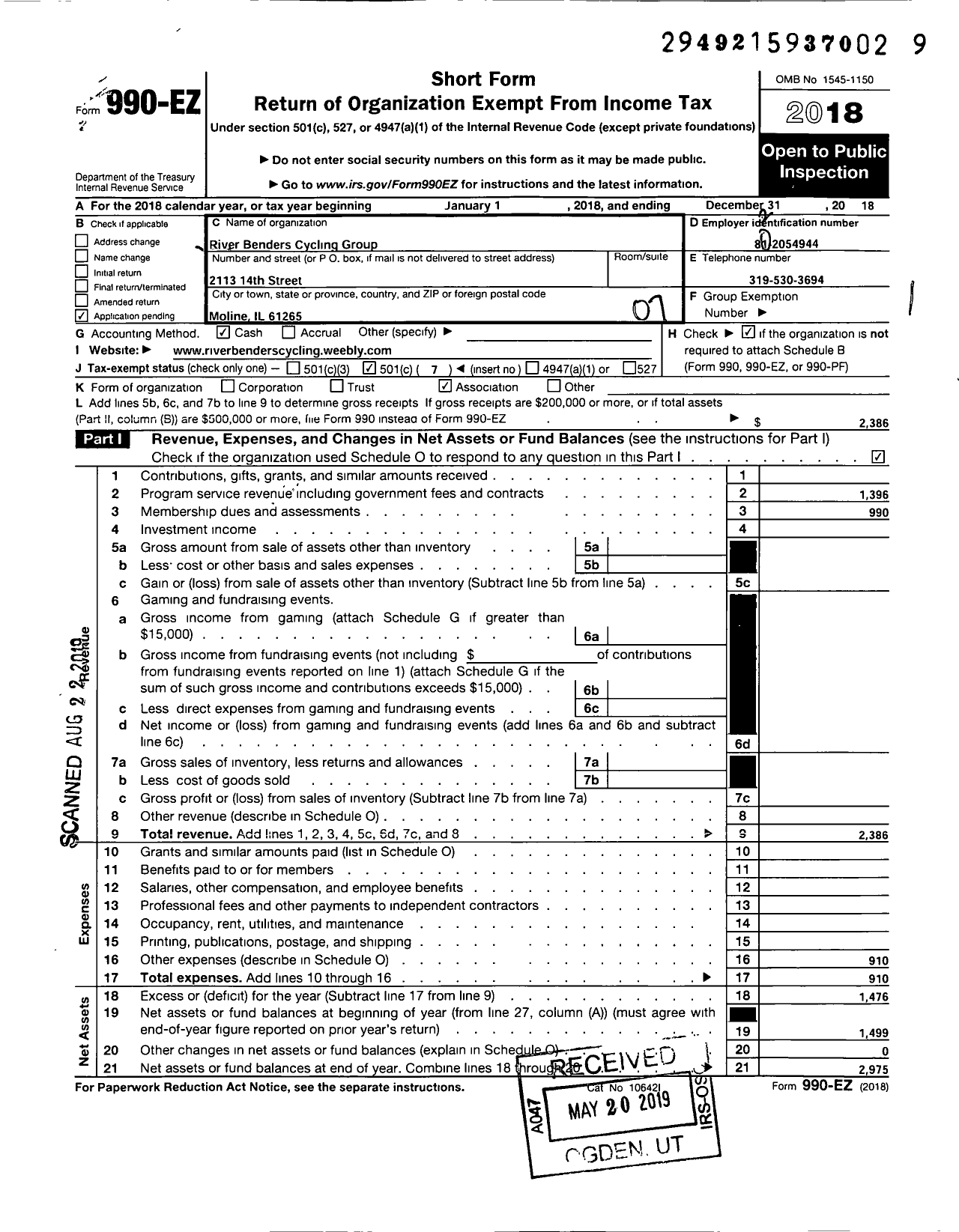 Image of first page of 2018 Form 990EO for RiverBenders Cycling Group