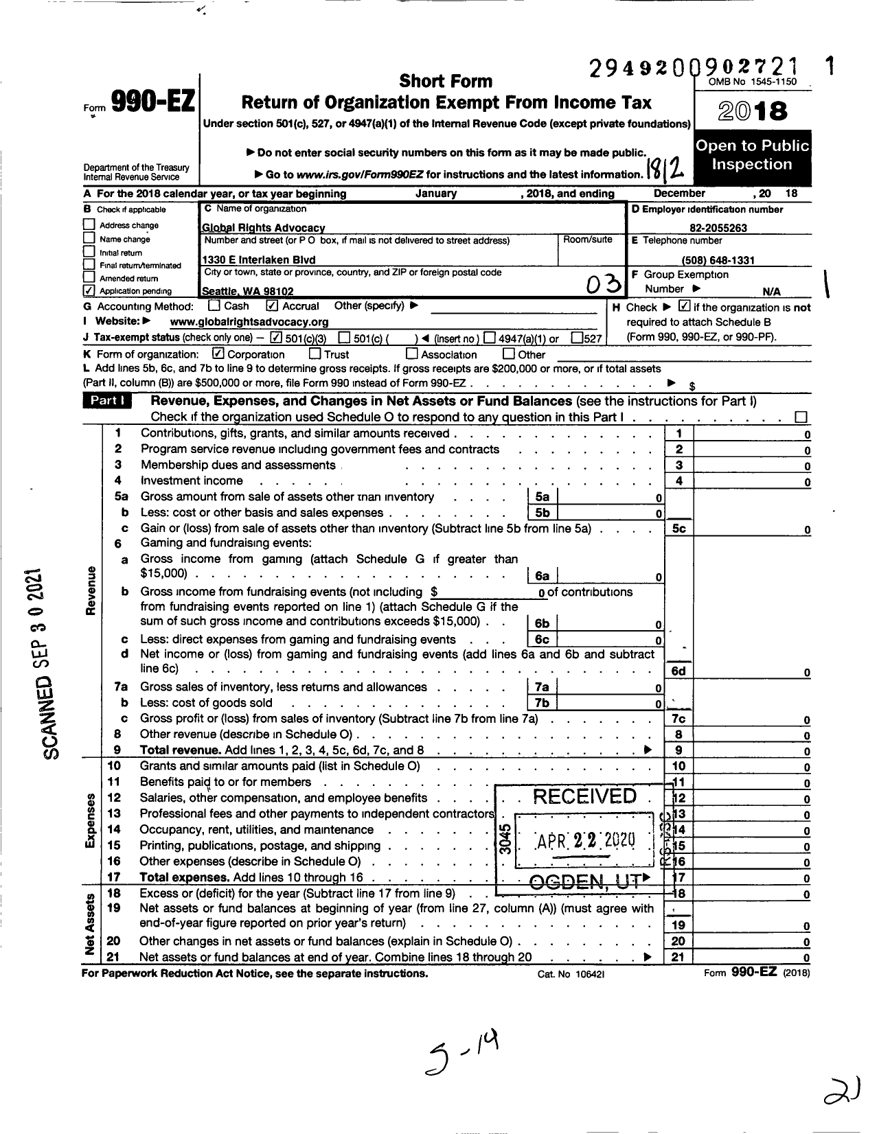 Image of first page of 2018 Form 990EZ for Global Rights Advocacy