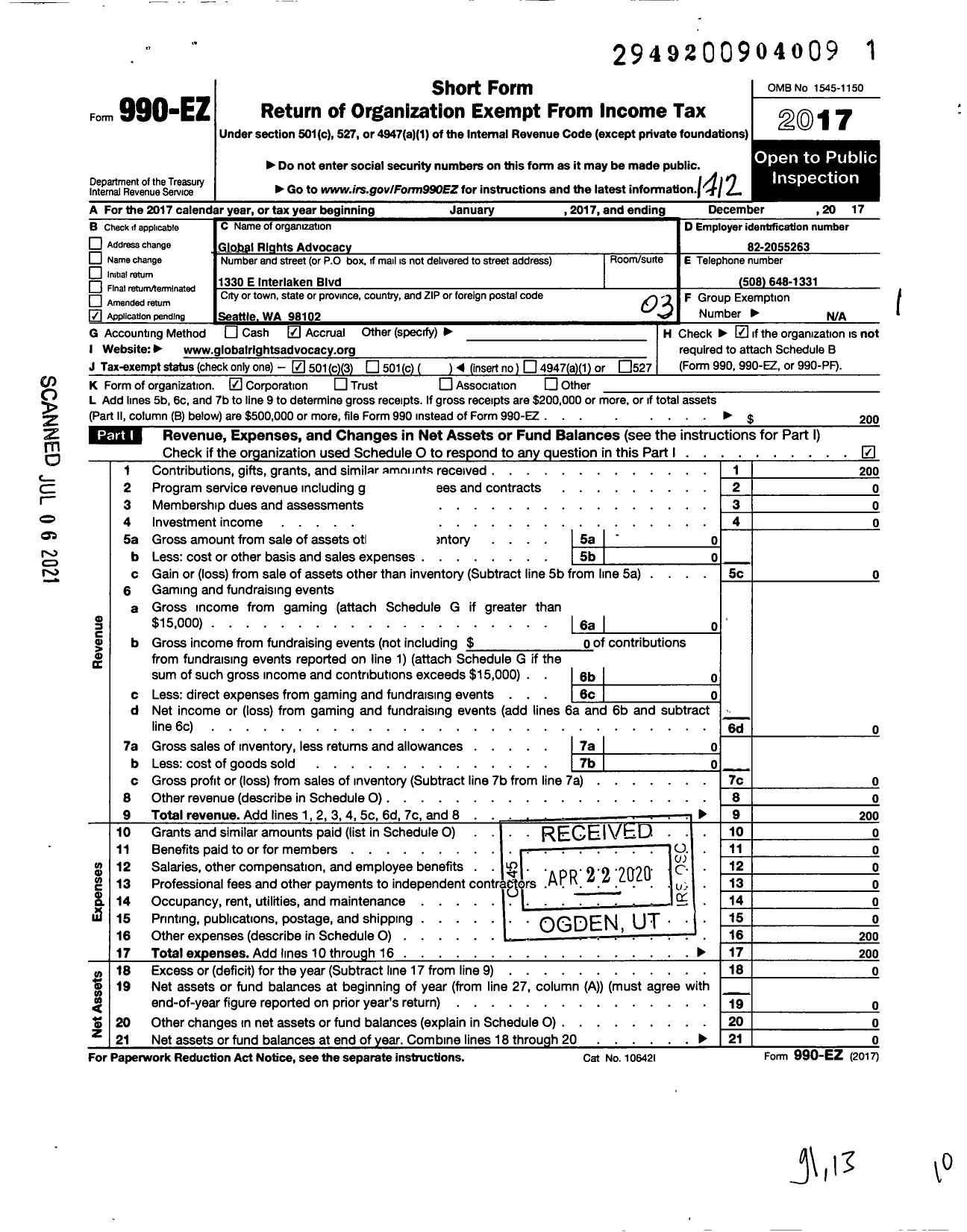 Image of first page of 2017 Form 990EZ for Global Rights Advocacy