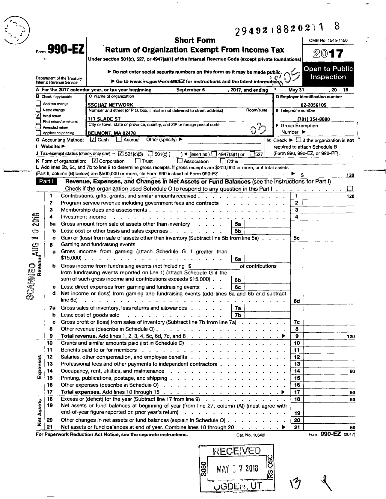 Image of first page of 2017 Form 990EZ for Sschat Network