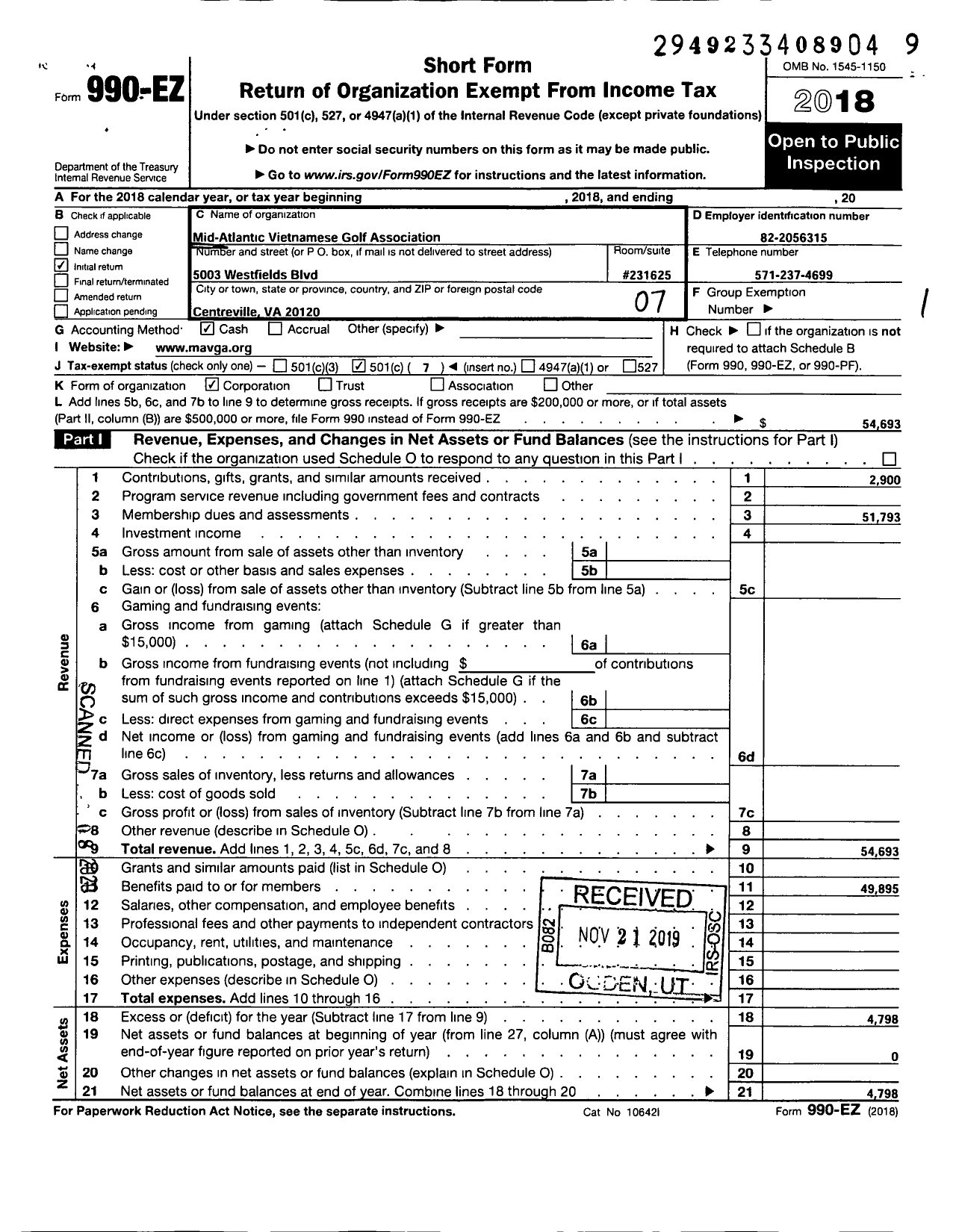 Image of first page of 2018 Form 990EO for Mid-Atlantic Vietnamese Golf Association