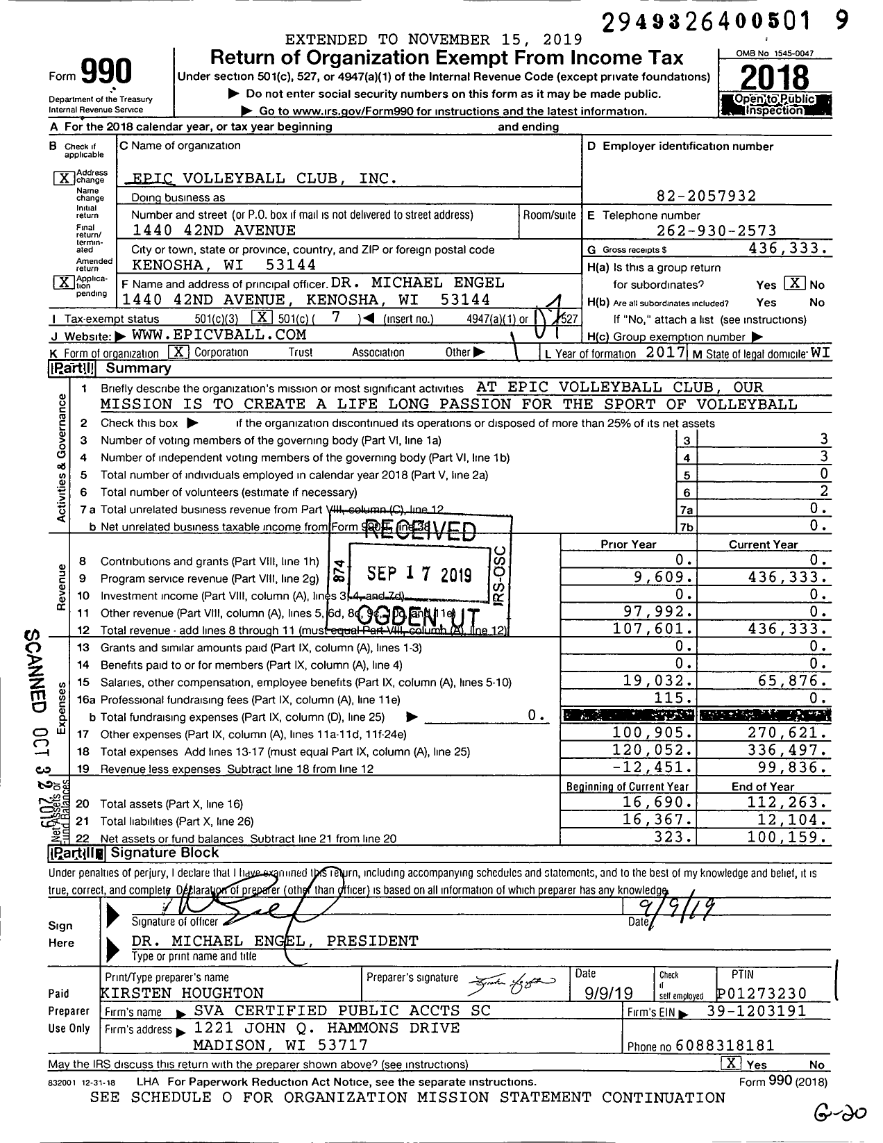 Image of first page of 2018 Form 990O for Epic Volleyball Club