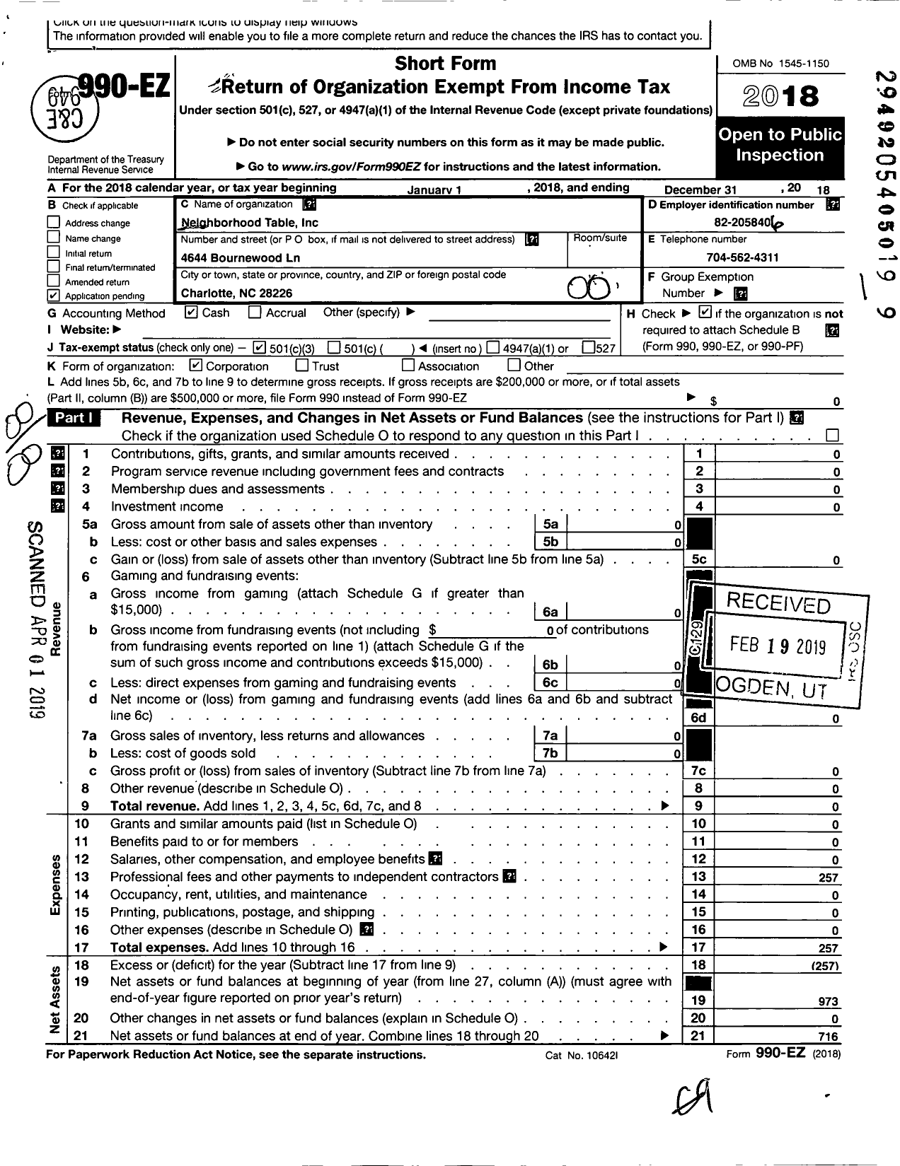 Image of first page of 2018 Form 990EO for Neighborhood Table