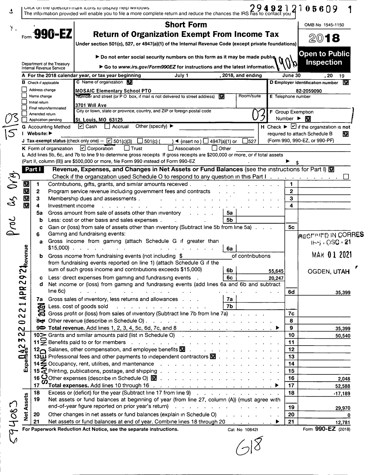 Image of first page of 2018 Form 990EZ for Mosaic Elementary School Pto