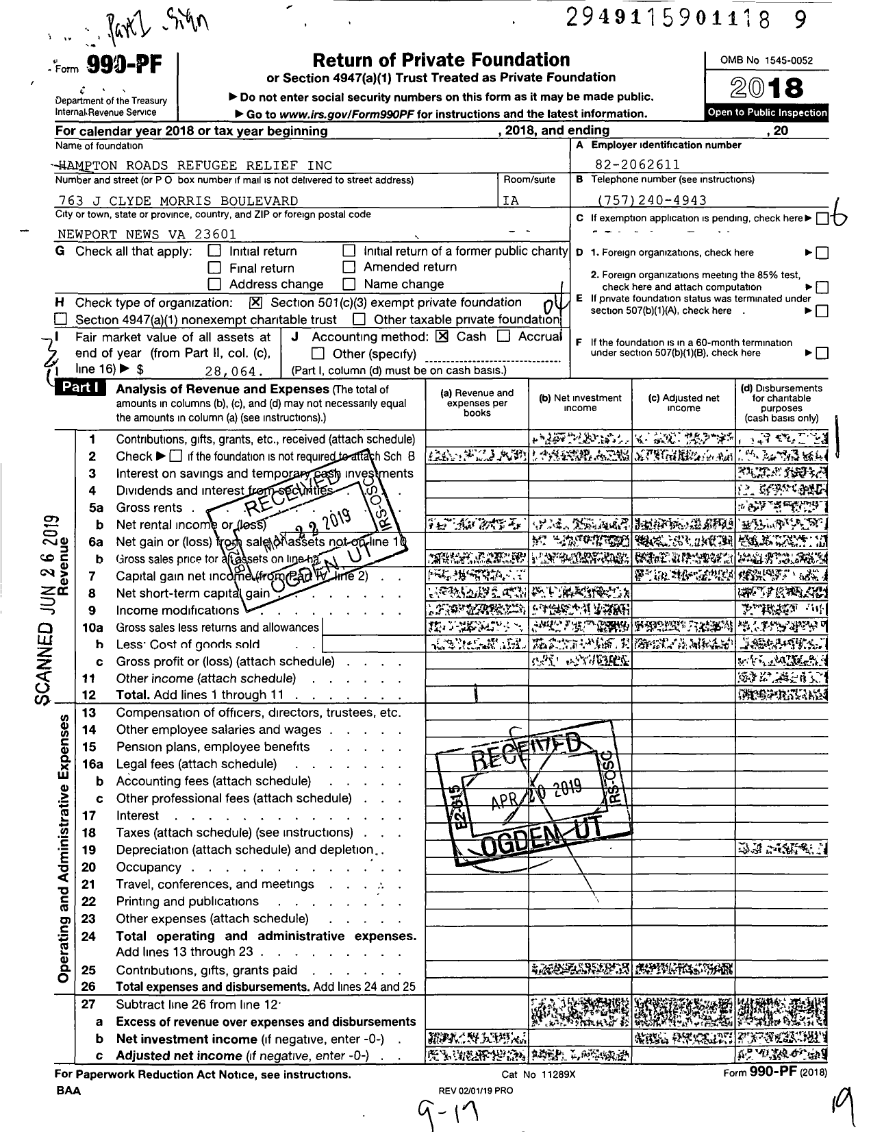 Image of first page of 2018 Form 990PF for Hampton Roads Refugee Relief