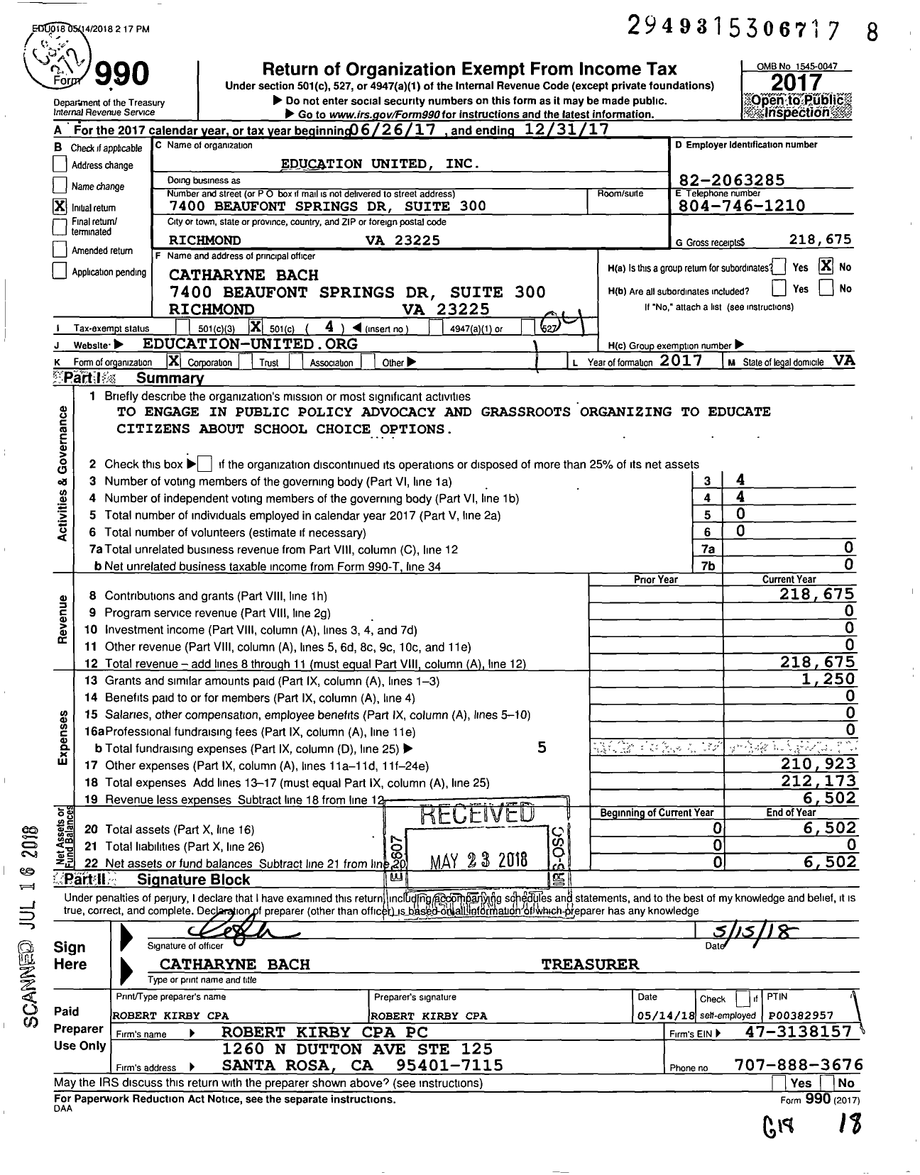 Image of first page of 2017 Form 990O for Education United