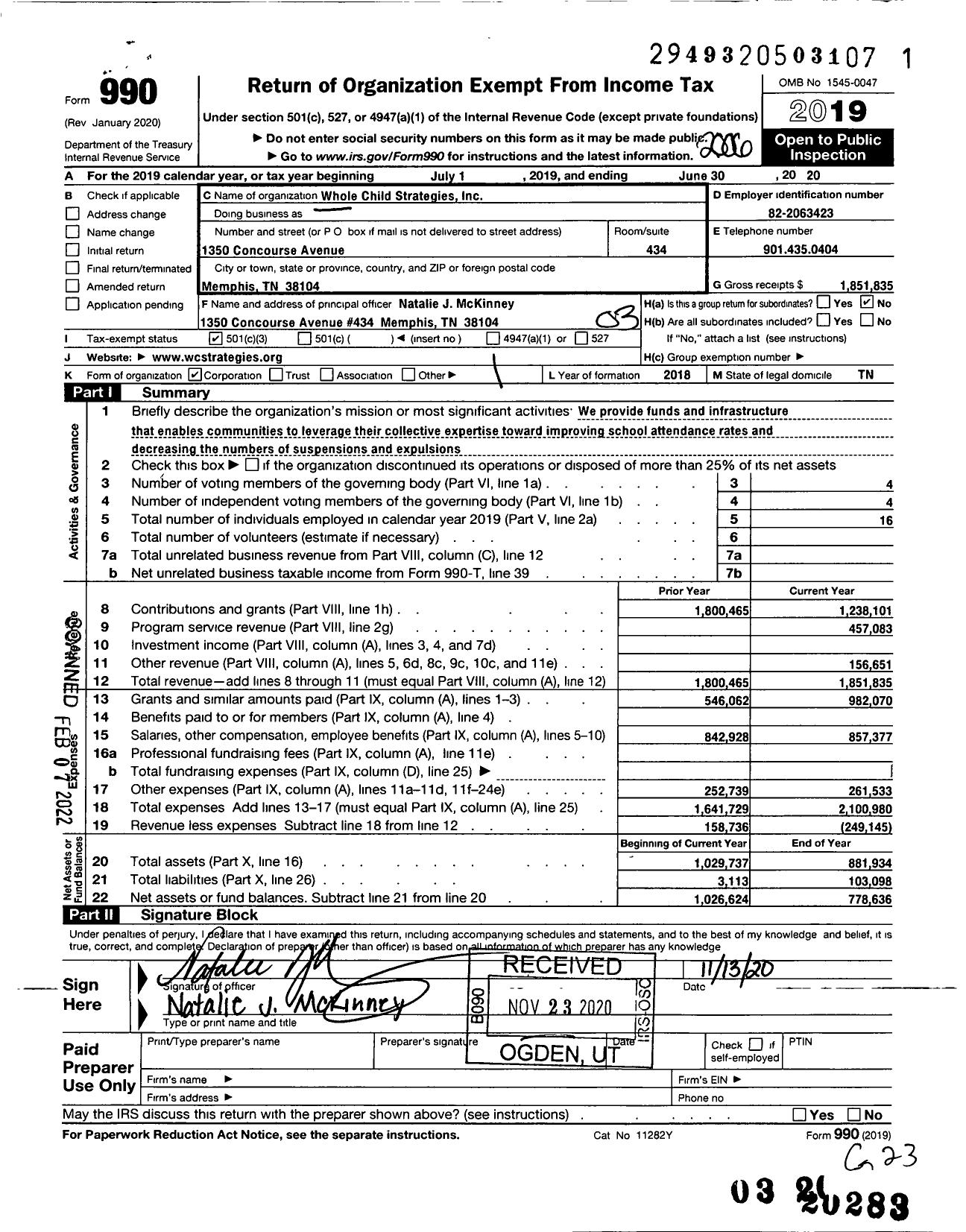 Image of first page of 2019 Form 990 for Whole Child Strategies