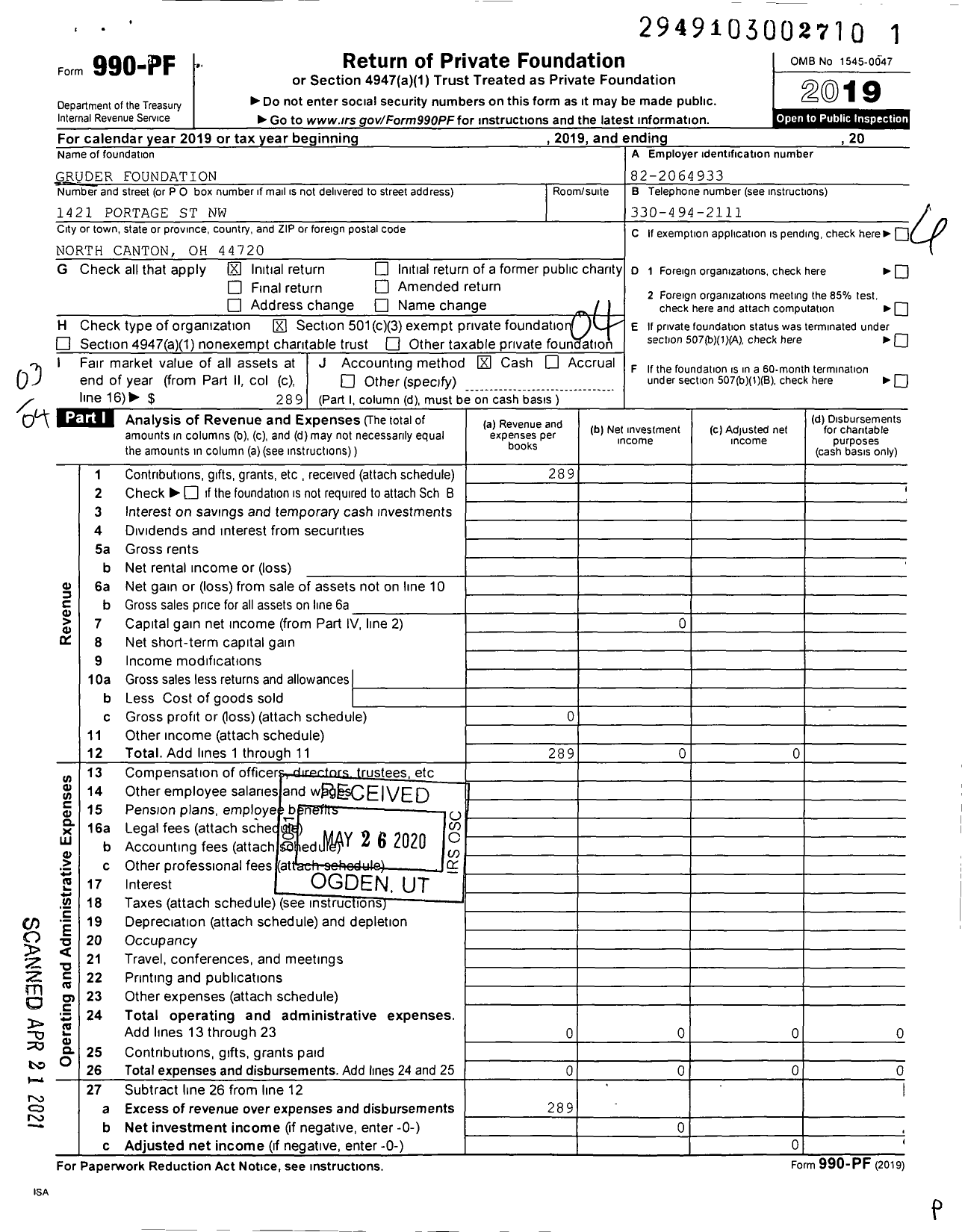 Image of first page of 2019 Form 990PF for Gruder Foundation