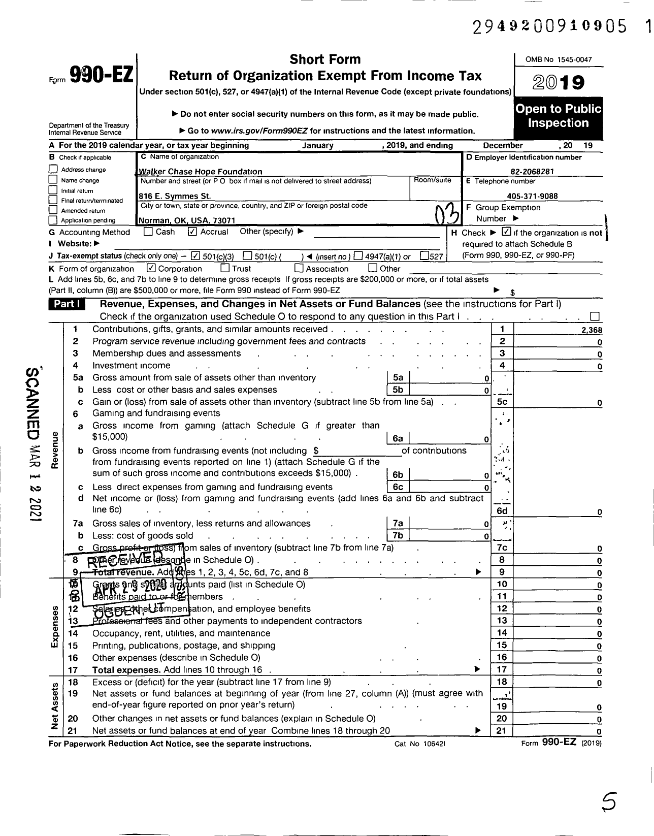 Image of first page of 2019 Form 990EZ for Walker Chase Hope Foundation