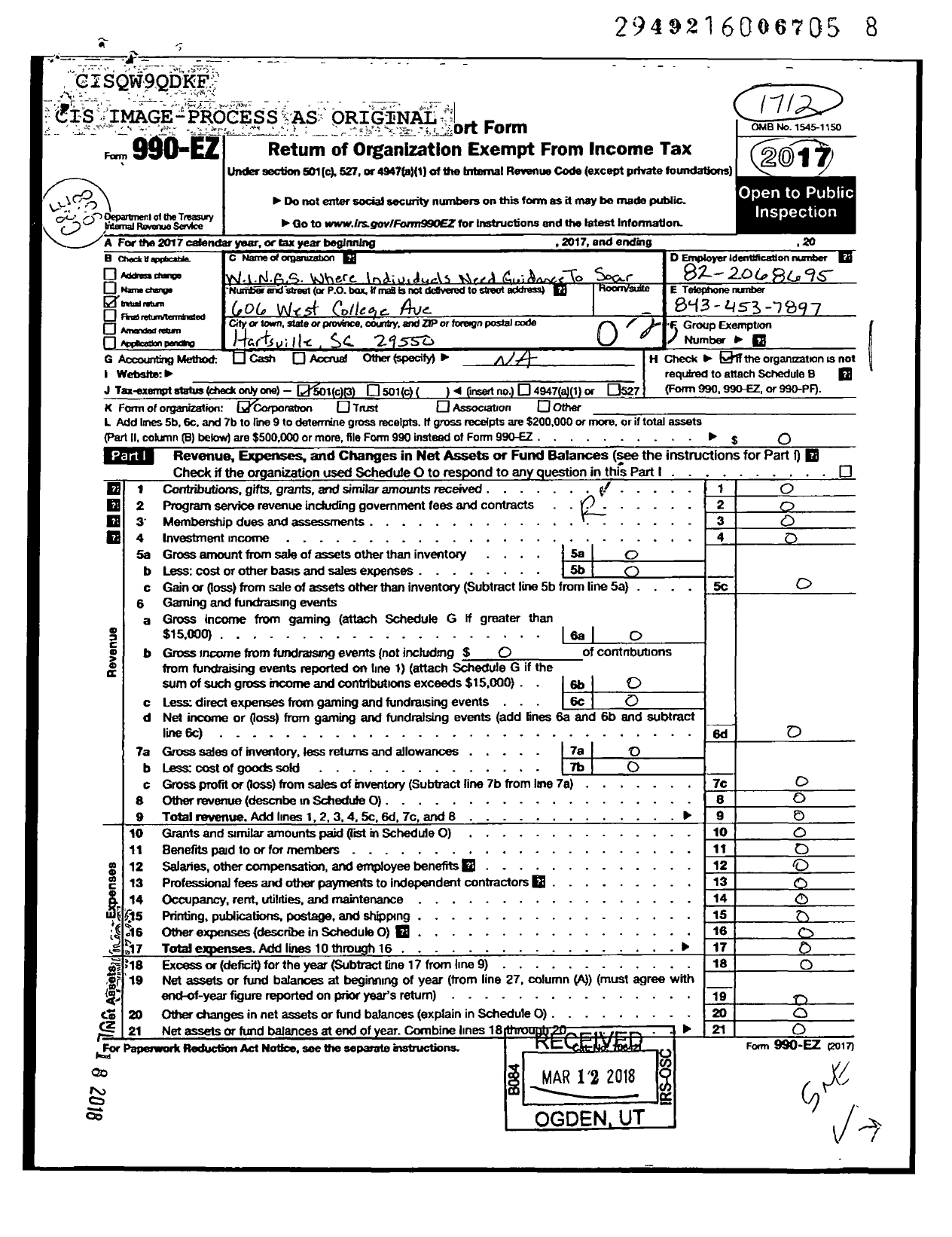 Image of first page of 2017 Form 990EZ for Wings Where Individuals Need Guidance To Soar